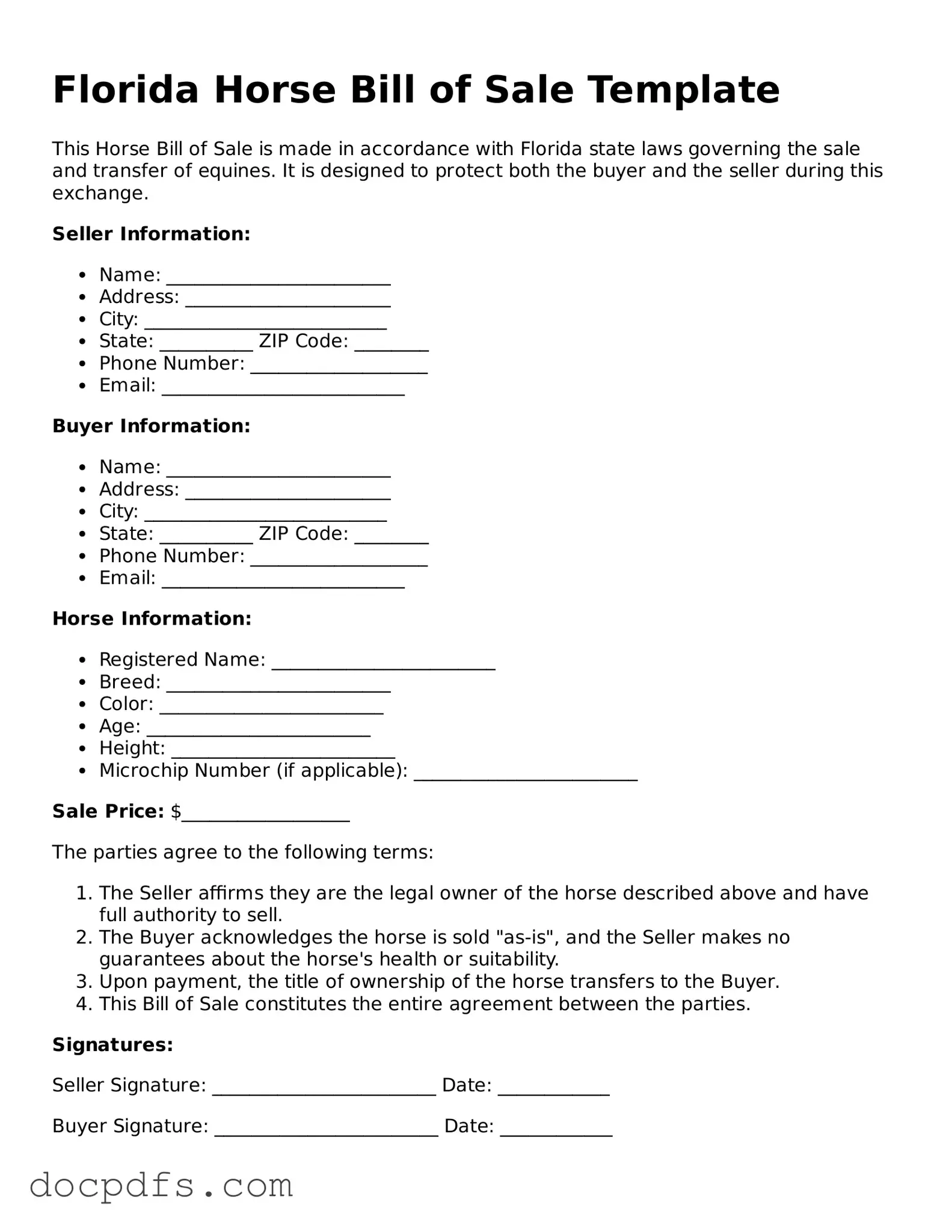 Free Florida Horse Bill of Sale Form