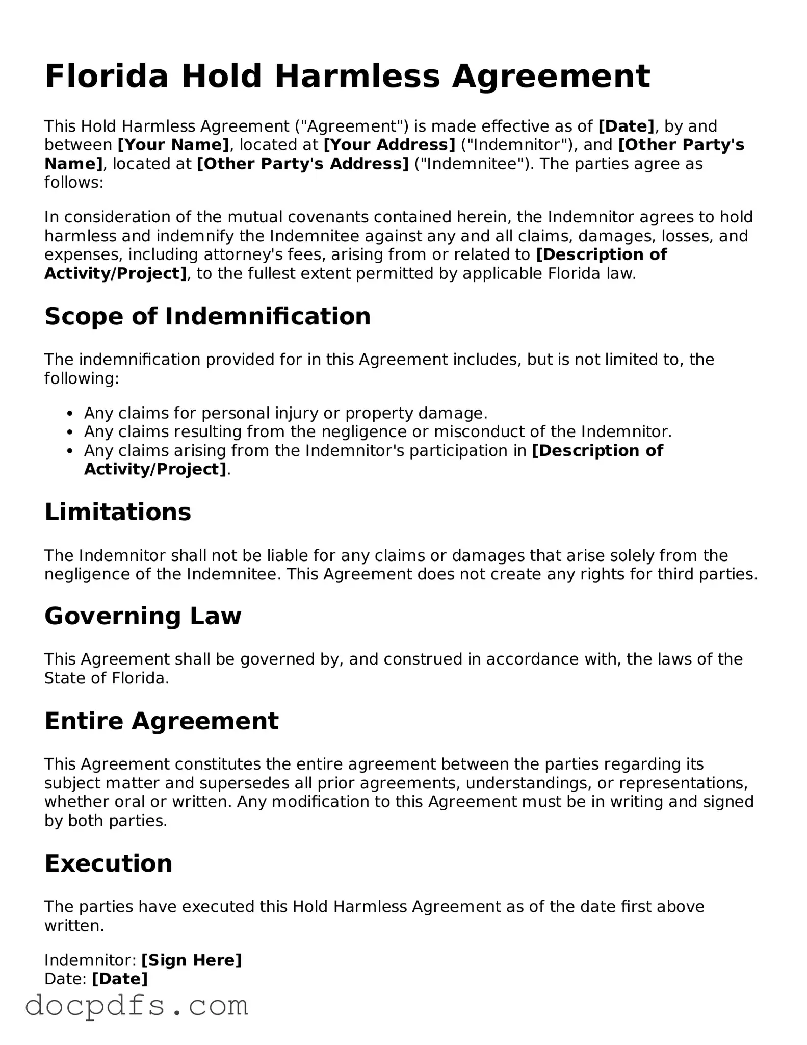 Free Florida Hold Harmless Agreement Form