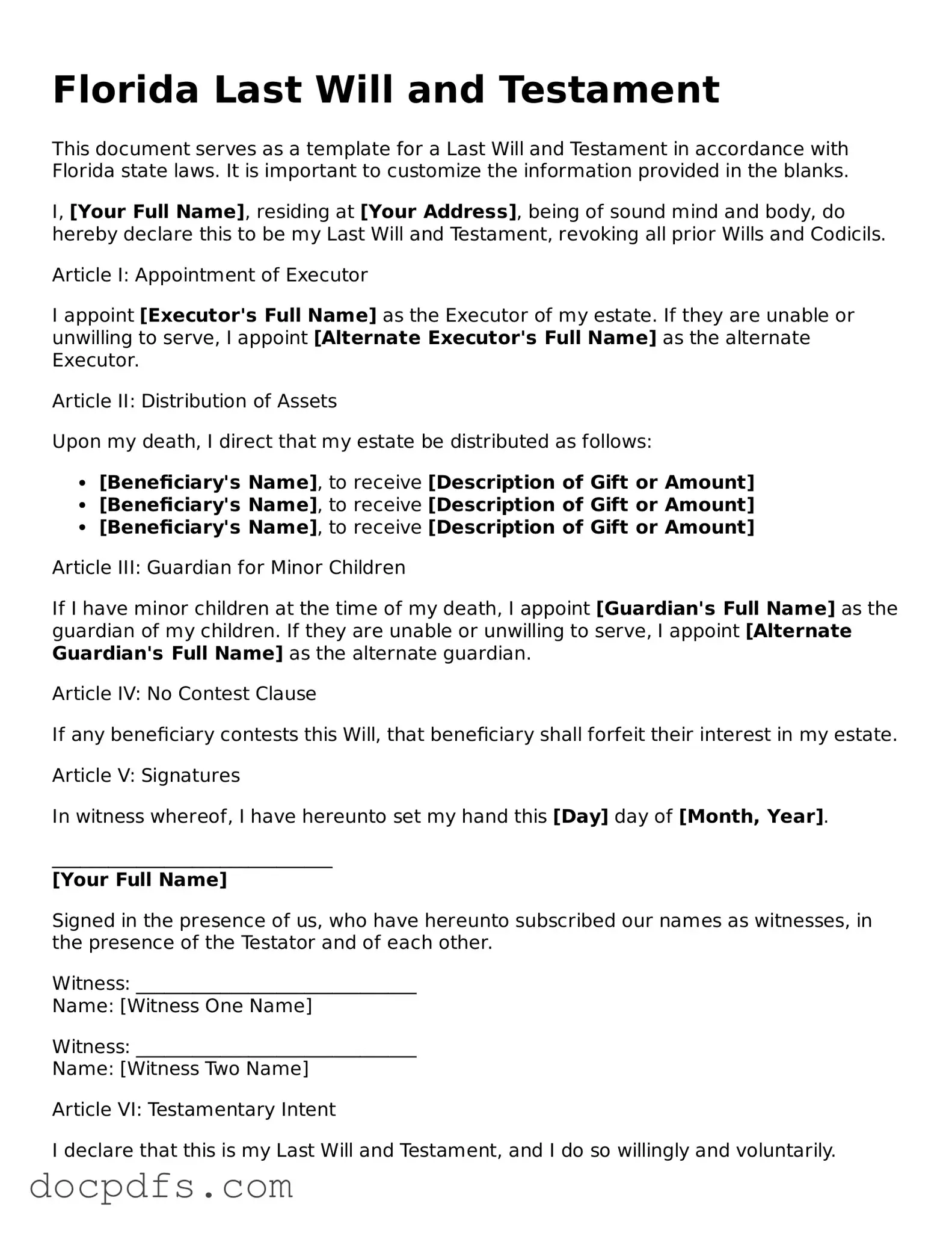 Free Florida Last Will and Testament Form