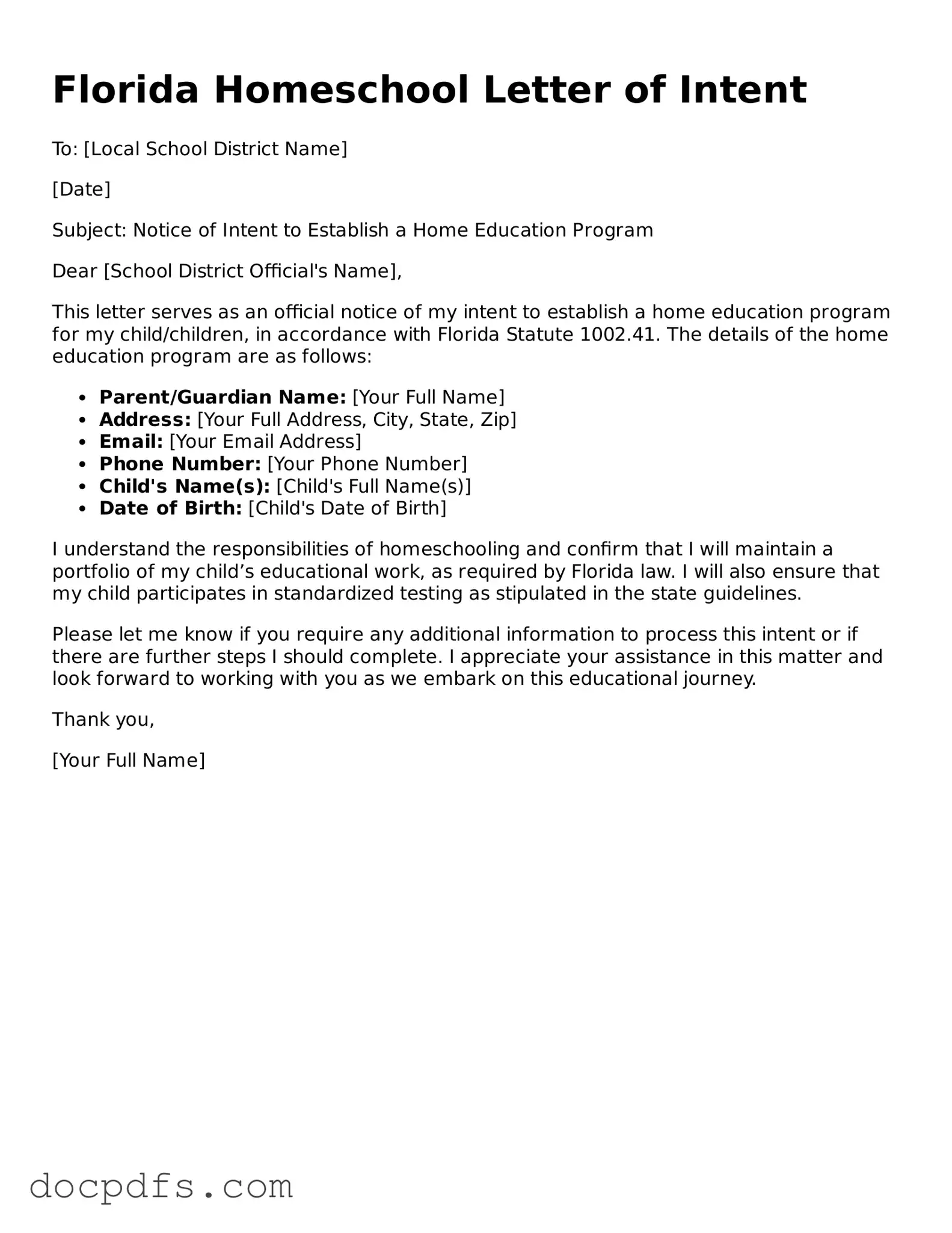 Free Florida Homeschool Letter of Intent Form