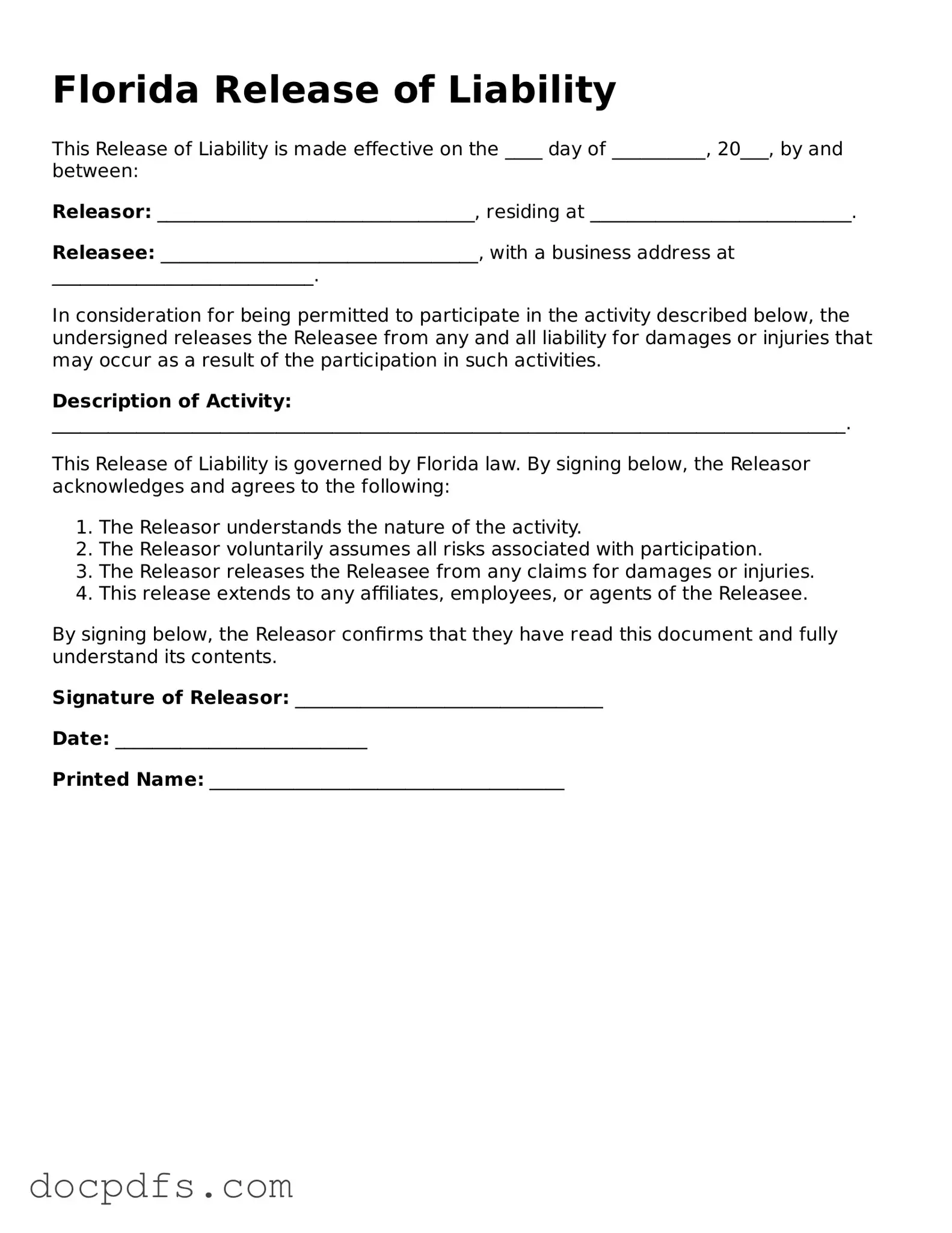 Free Florida Release of Liability Form