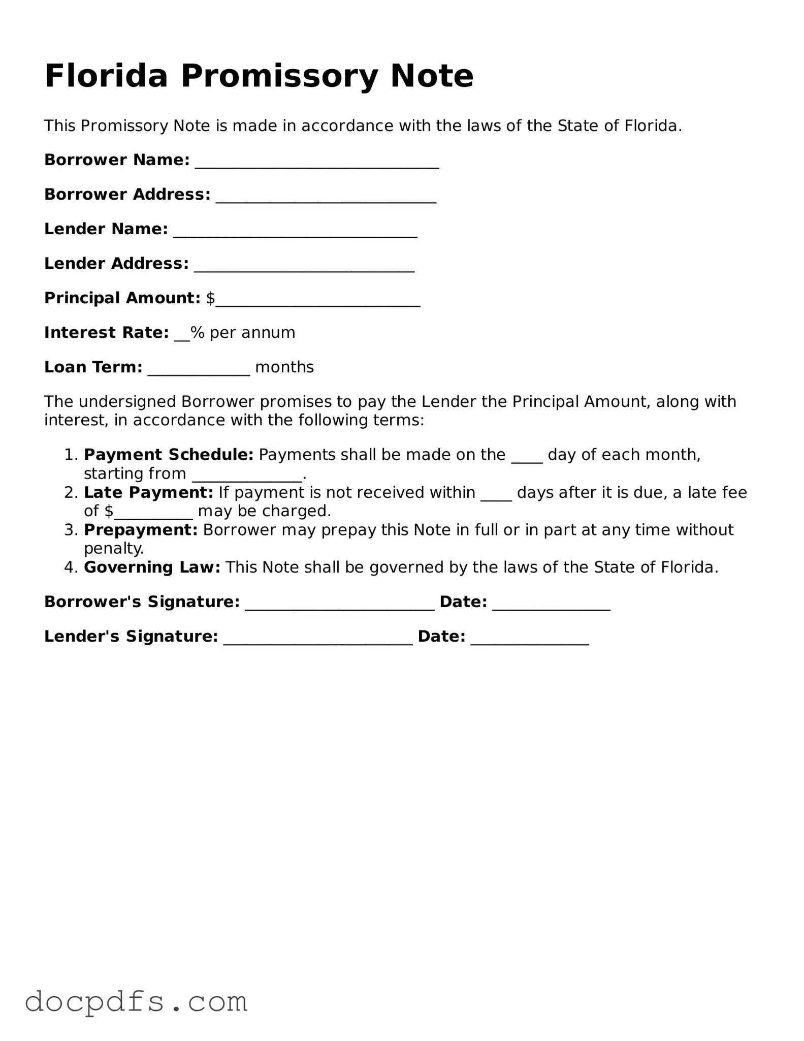 Free Florida Promissory Note Form
