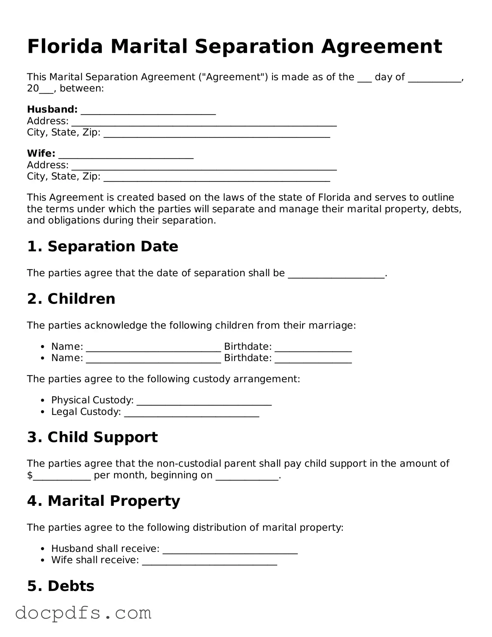 Free Florida Marital Separation Agreement Form