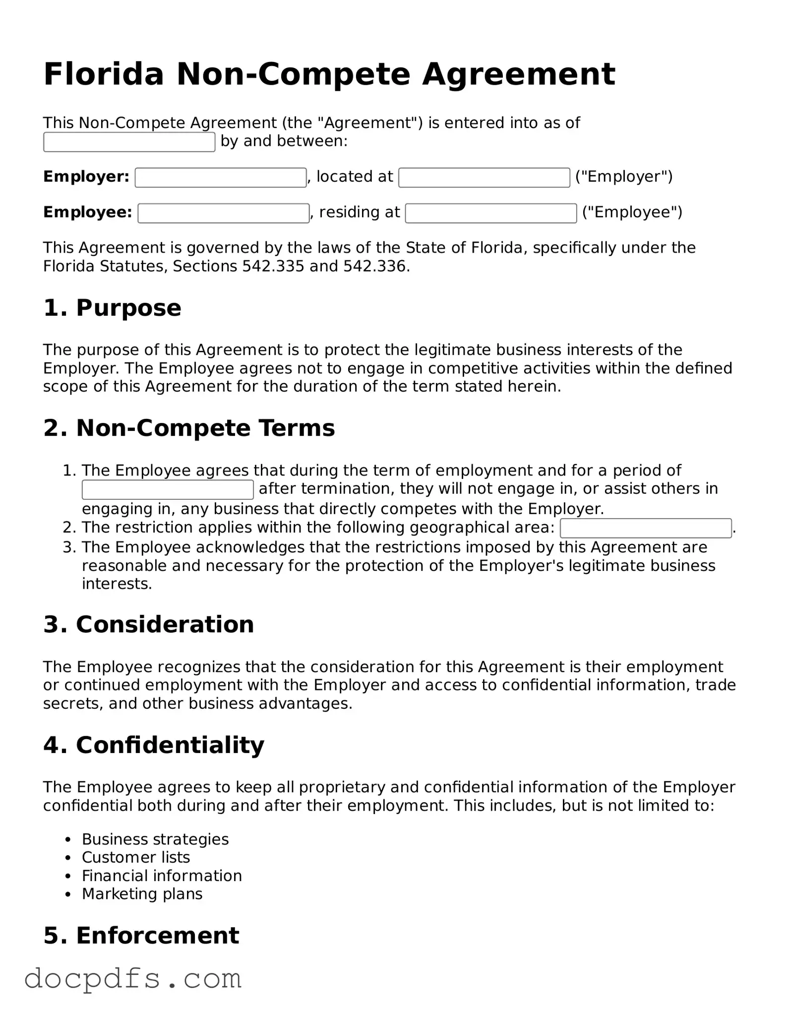 Free Florida Non-compete Agreement Form
