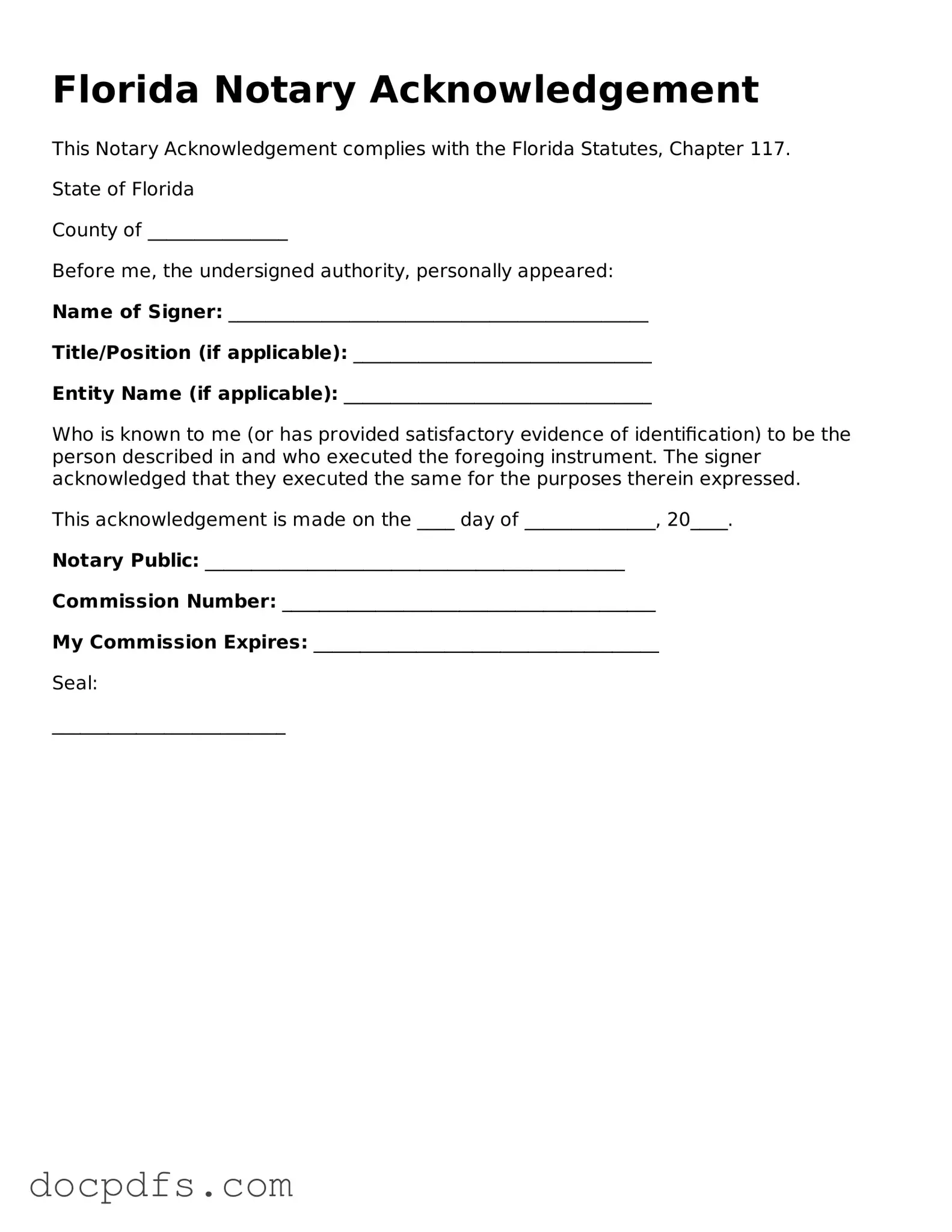 Free Florida Notary Acknowledgement Form