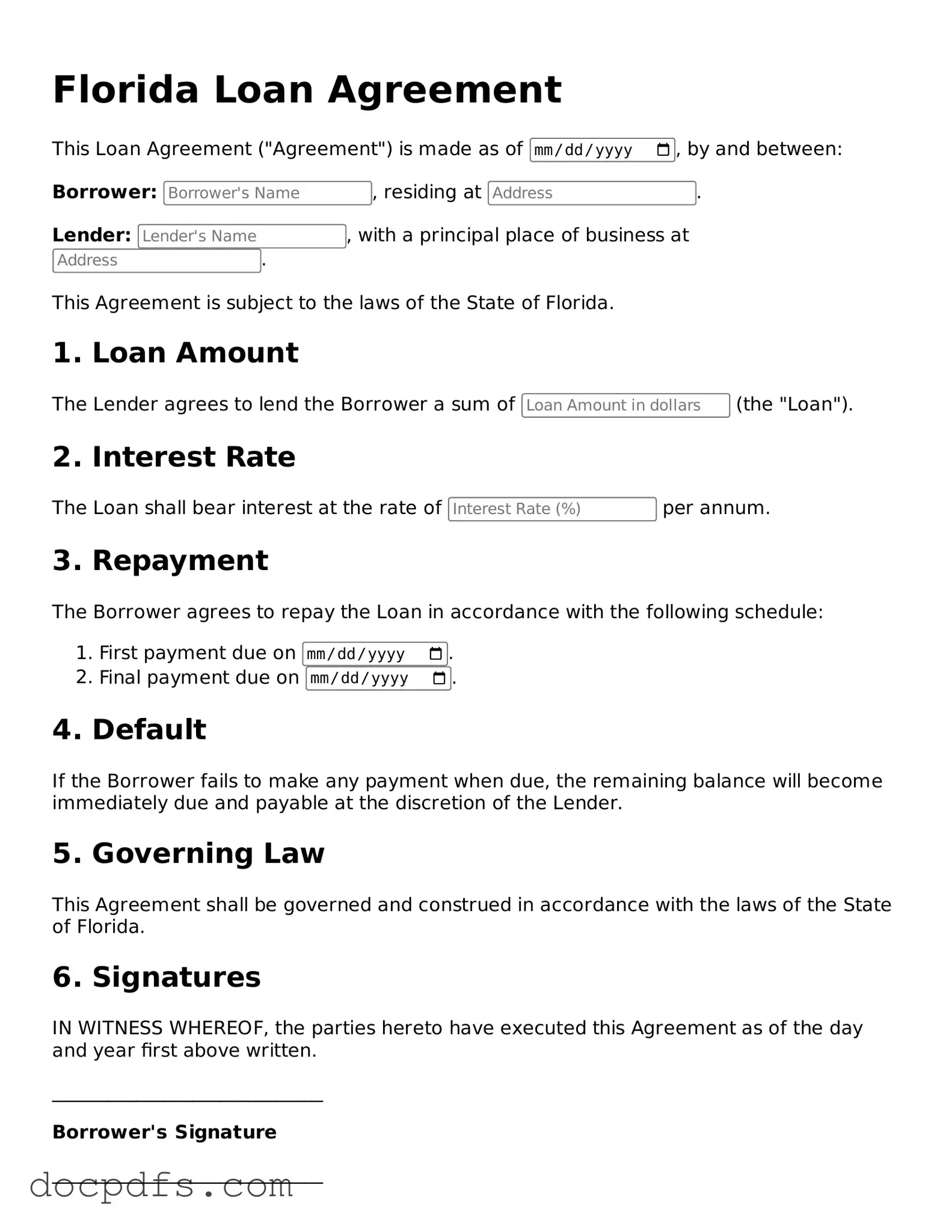 Free Florida Loan Agreement Form