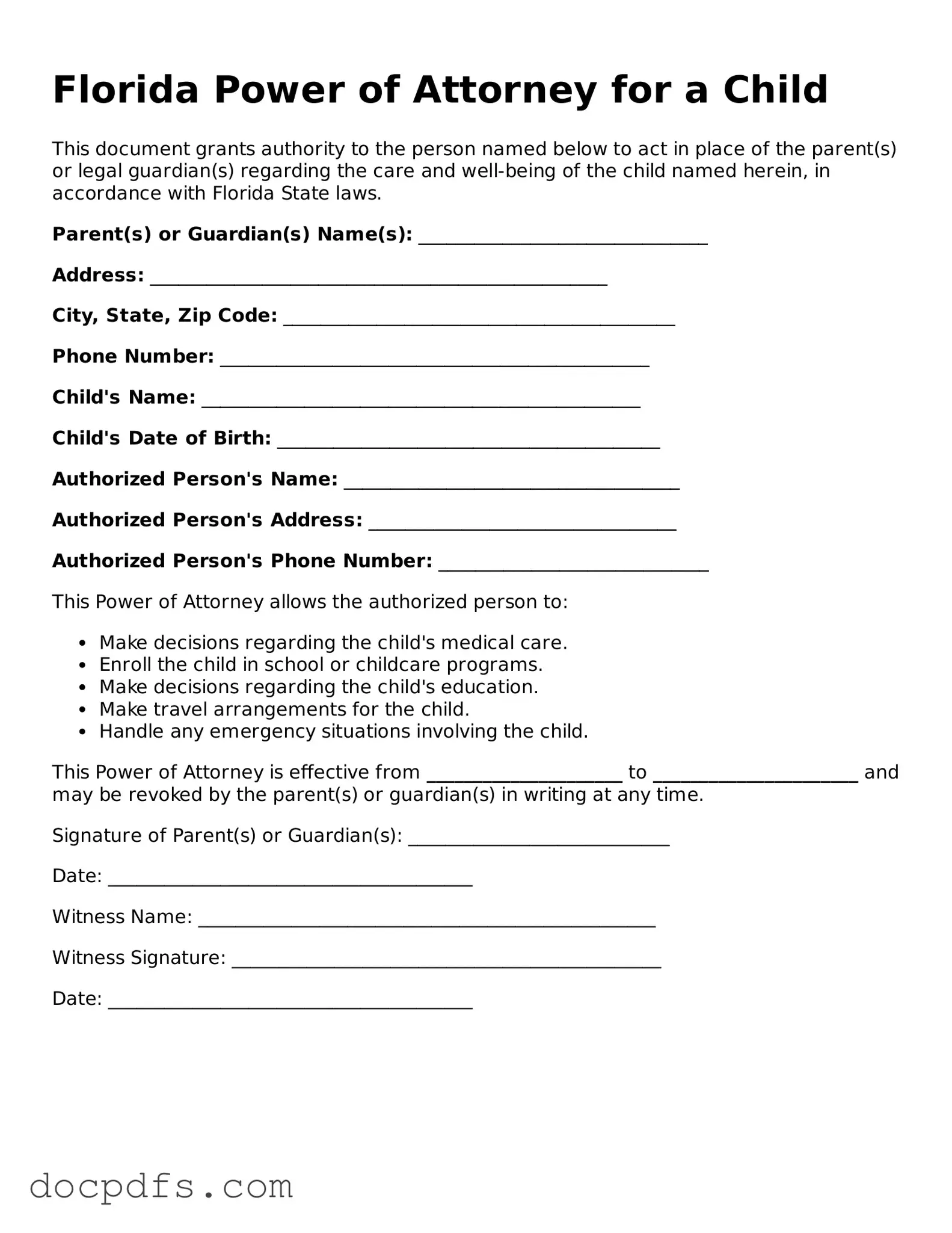 Free Florida Power of Attorney for a Child Form