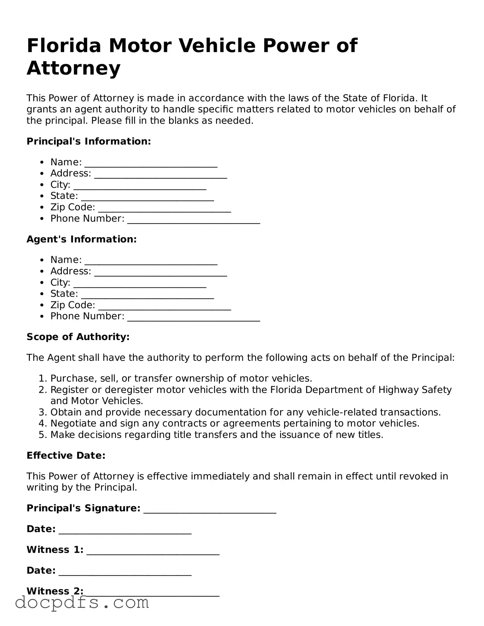 Free Florida Motor Vehicle Power of Attorney Form