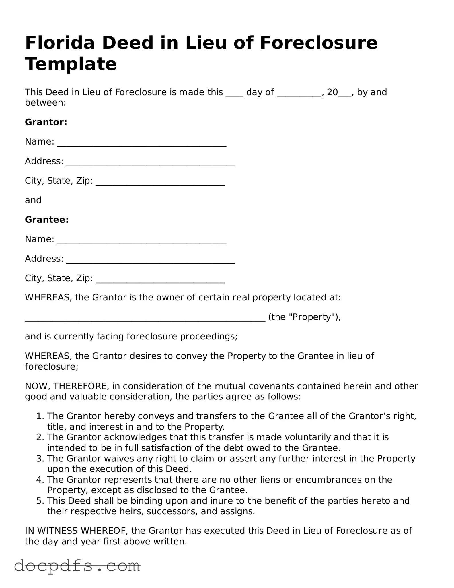 Free Florida Deed in Lieu of Foreclosure Form