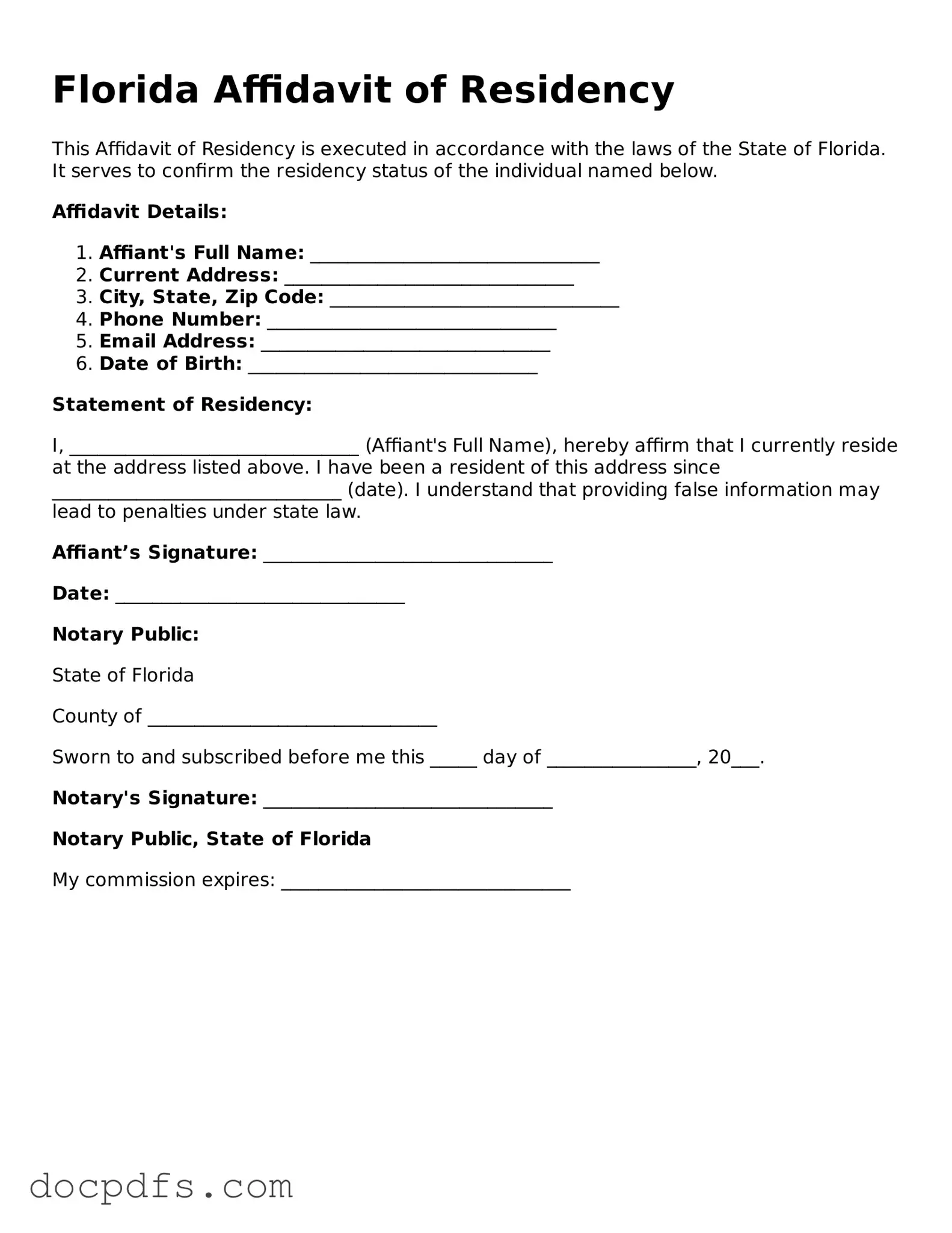 Free Florida Affidavit of Residency Form