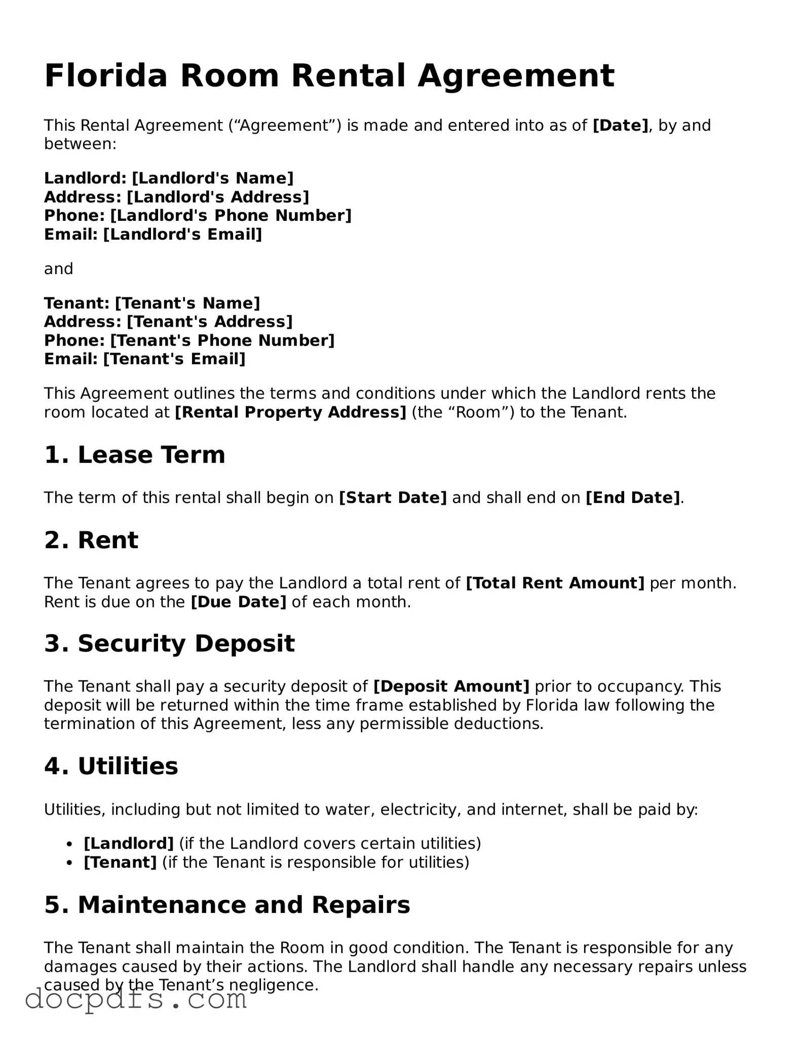 Free Florida Room Rental Agreement Form