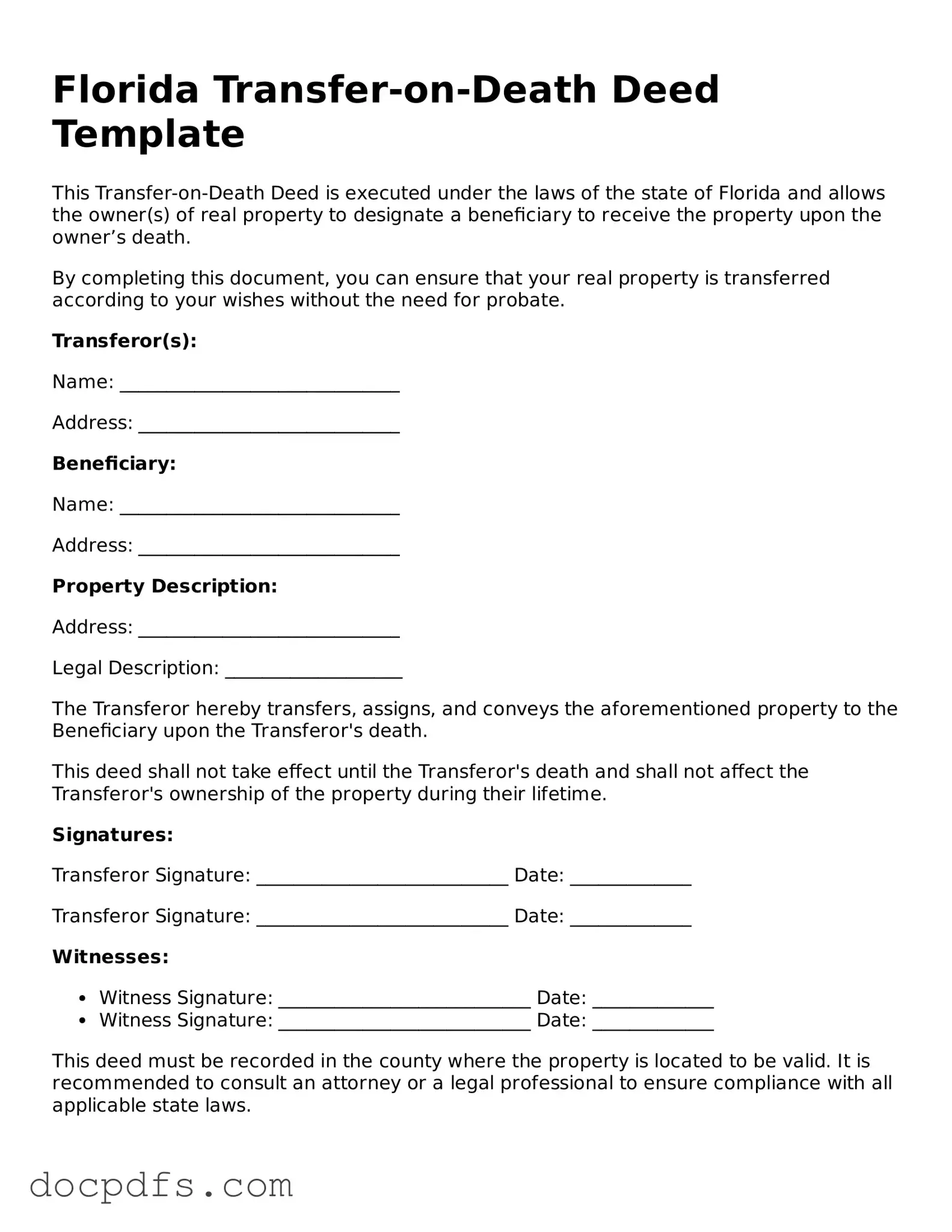 Free Florida Transfer-on-Death Deed Form