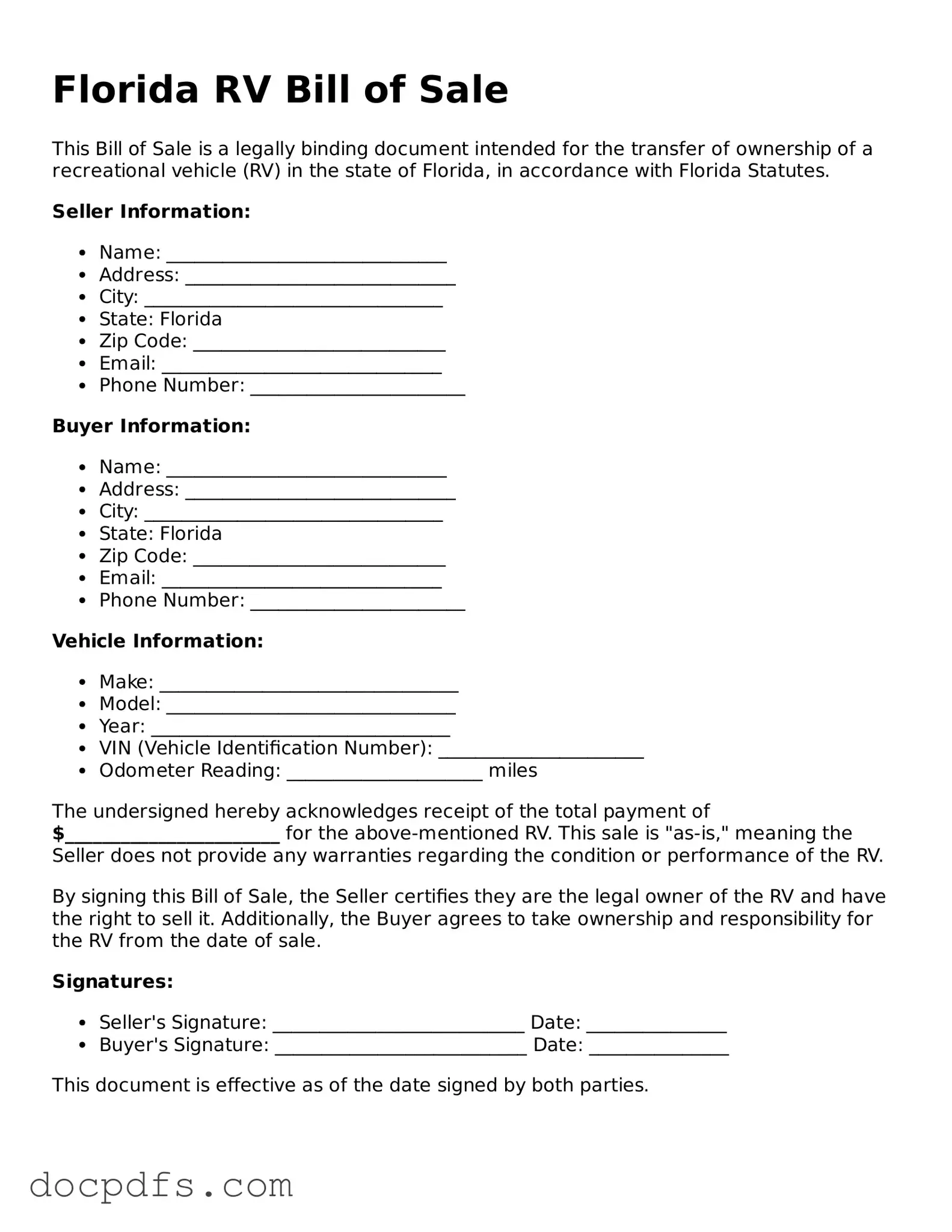 Free Florida RV Bill of Sale Form