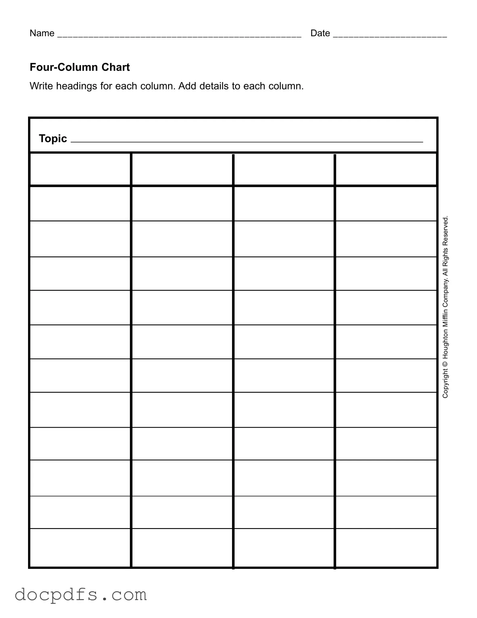 Four Column Chart Template in PDF
