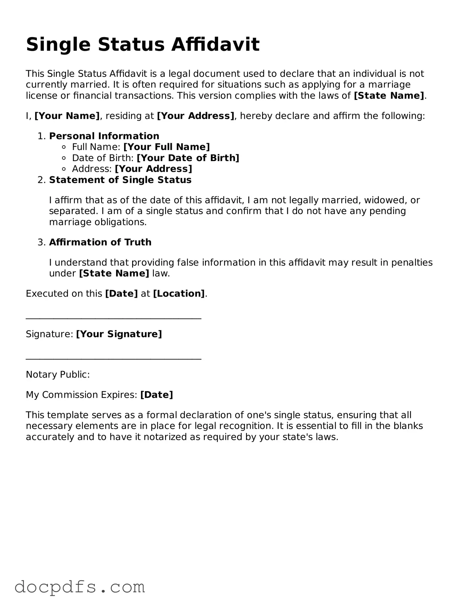 Legal Single Status Affidavit Document