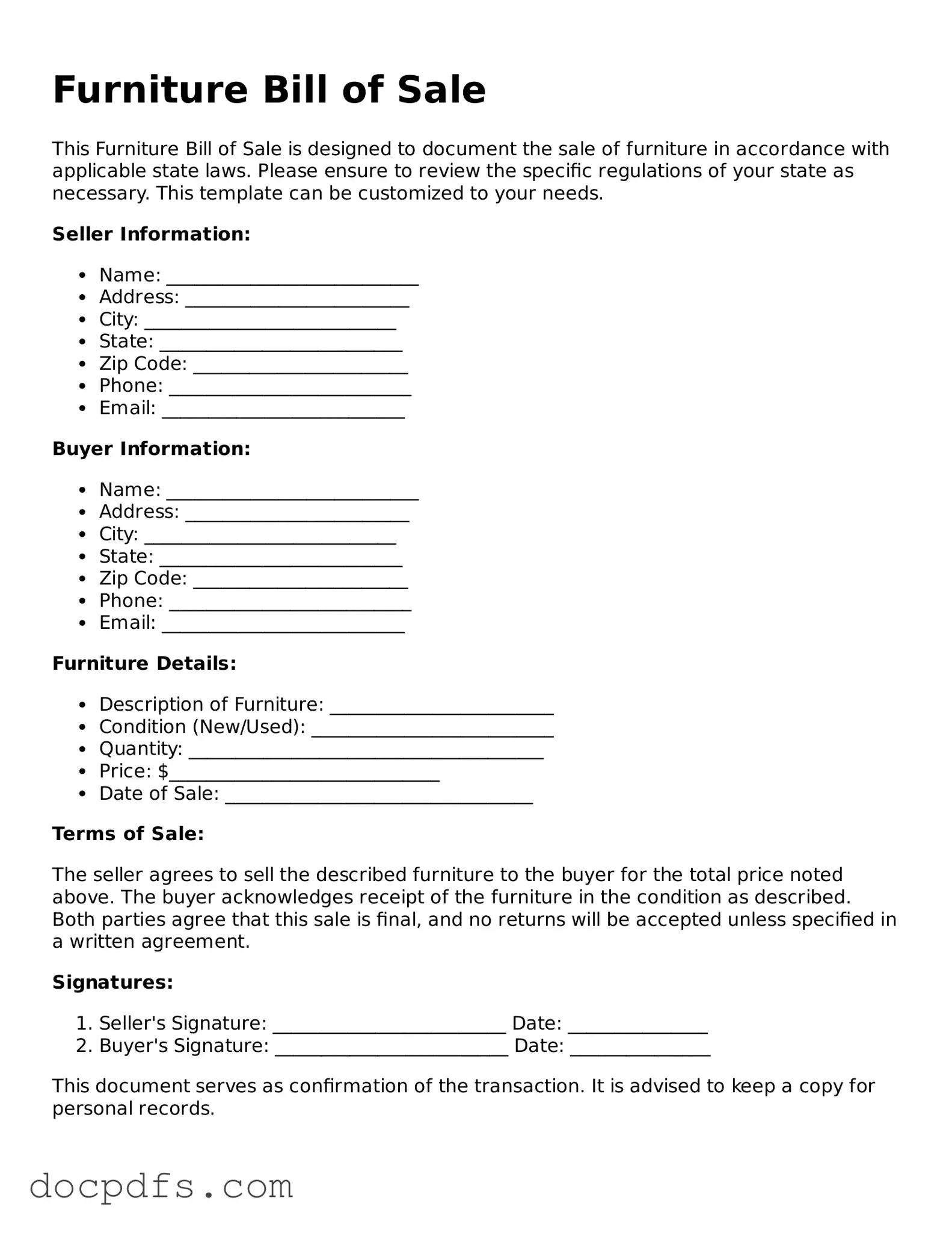 Legal Furniture Bill of Sale Document