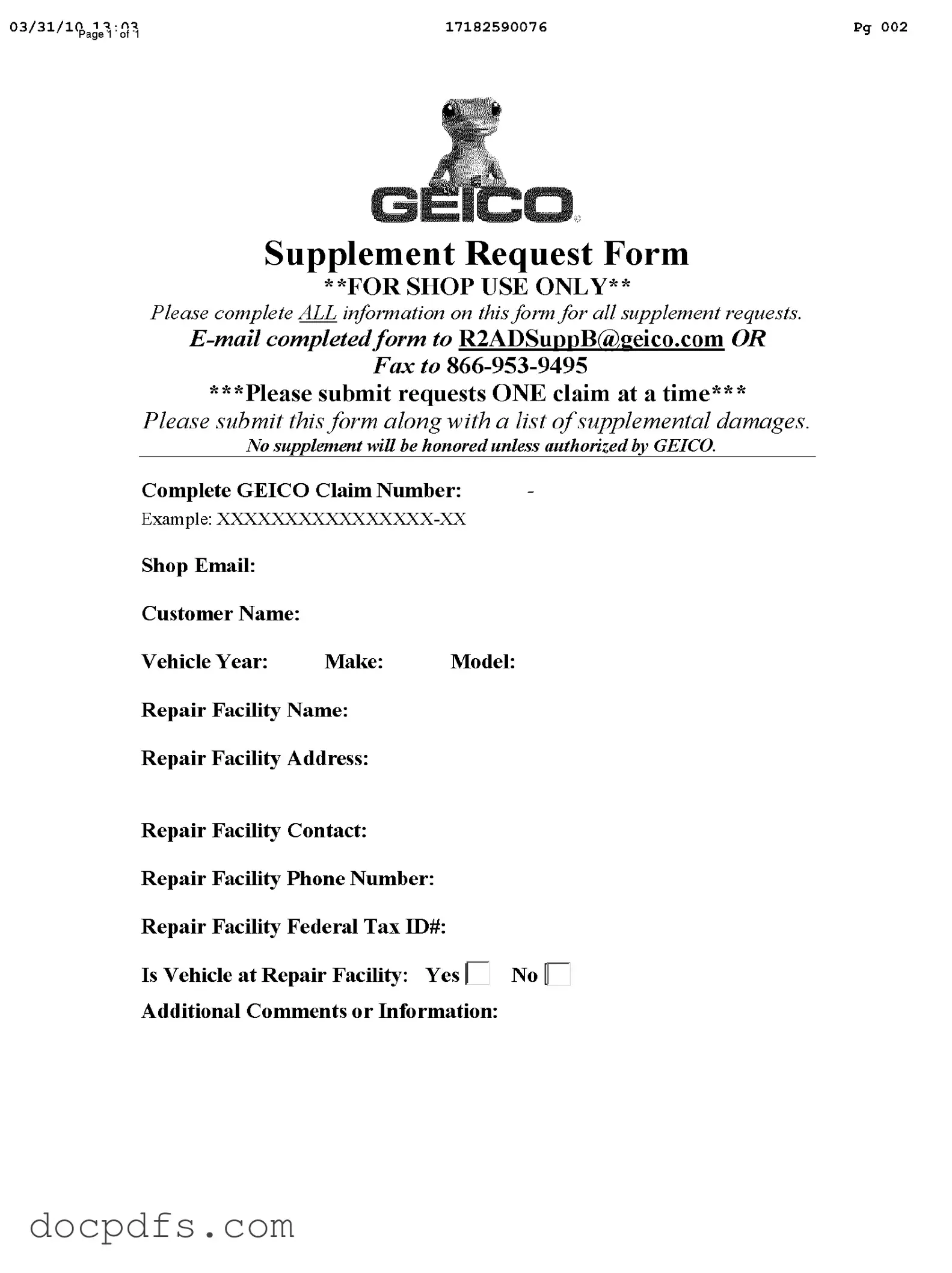 Geico Supplement Request Template in PDF