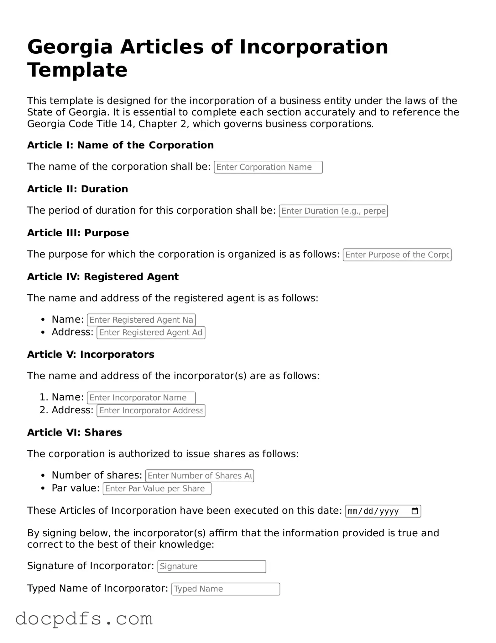 Free Georgia Articles of Incorporation Form
