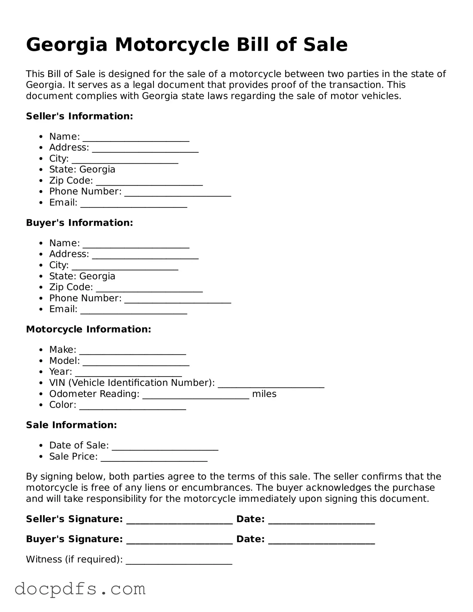 Free Georgia Motorcycle Bill of Sale Form