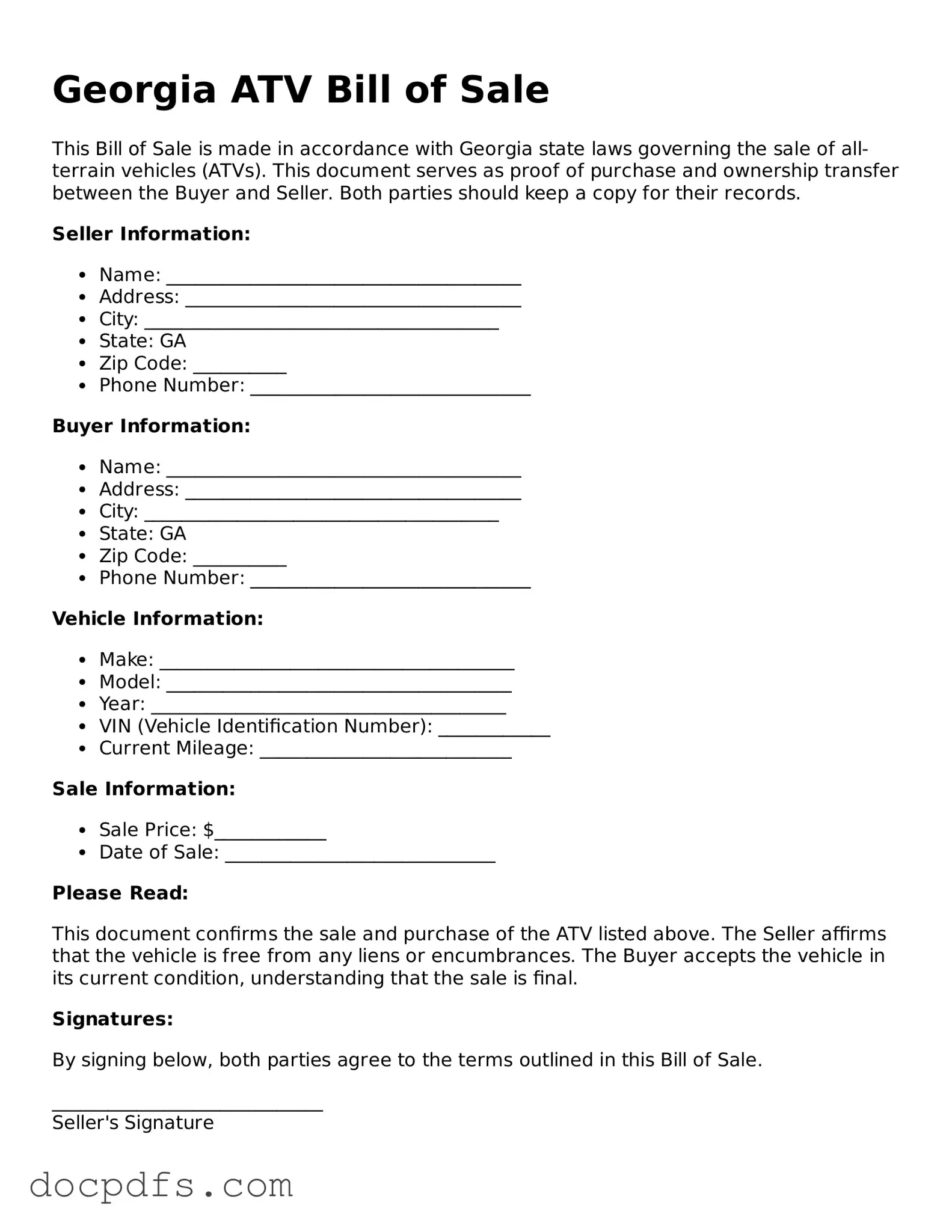 Free Georgia ATV Bill of Sale Form