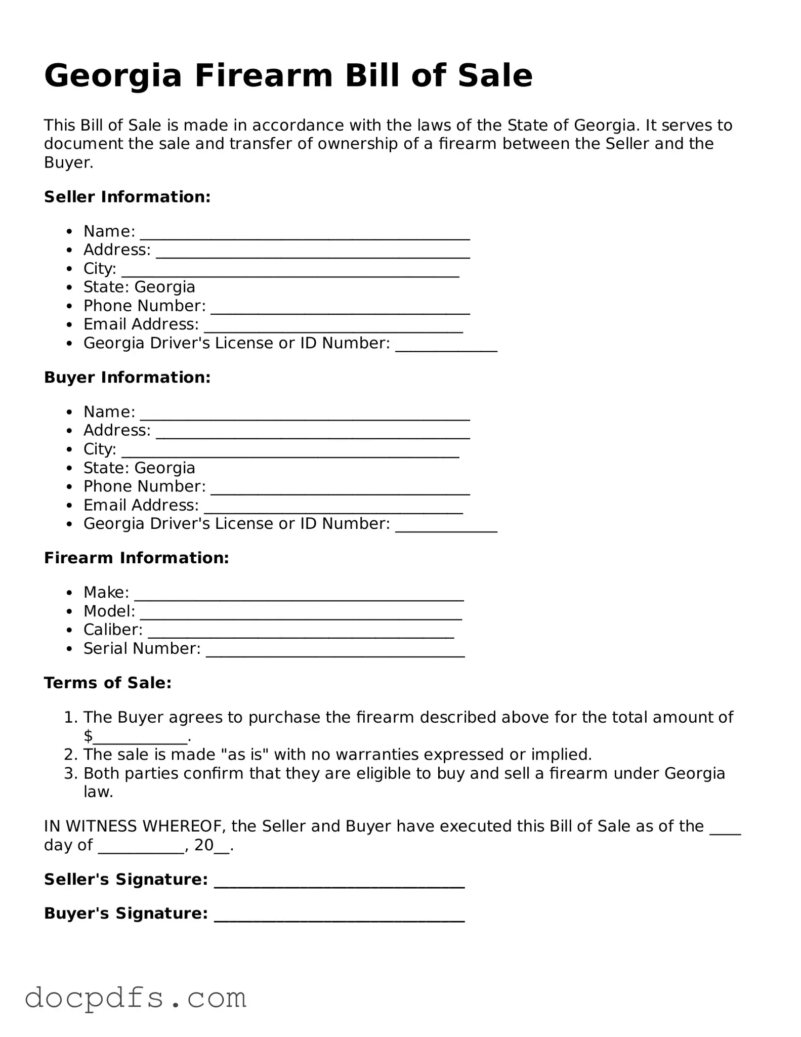 Free Georgia Firearm Bill of Sale Form