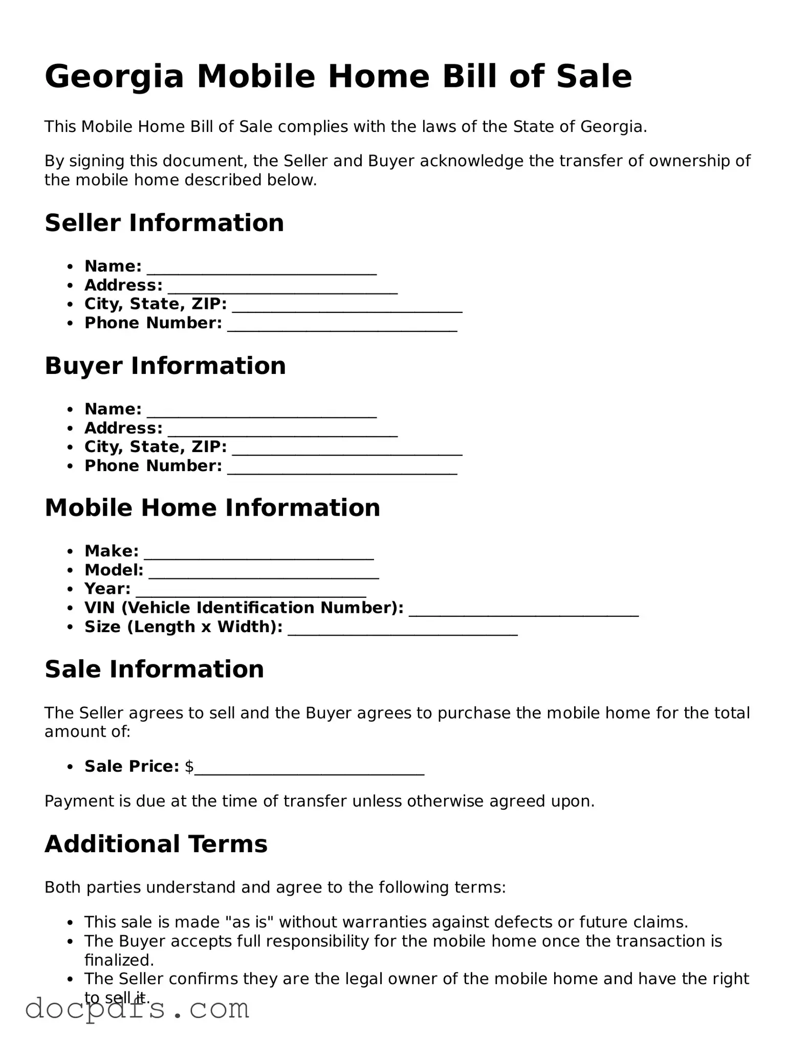 Free Georgia Mobile Home Bill of Sale Form