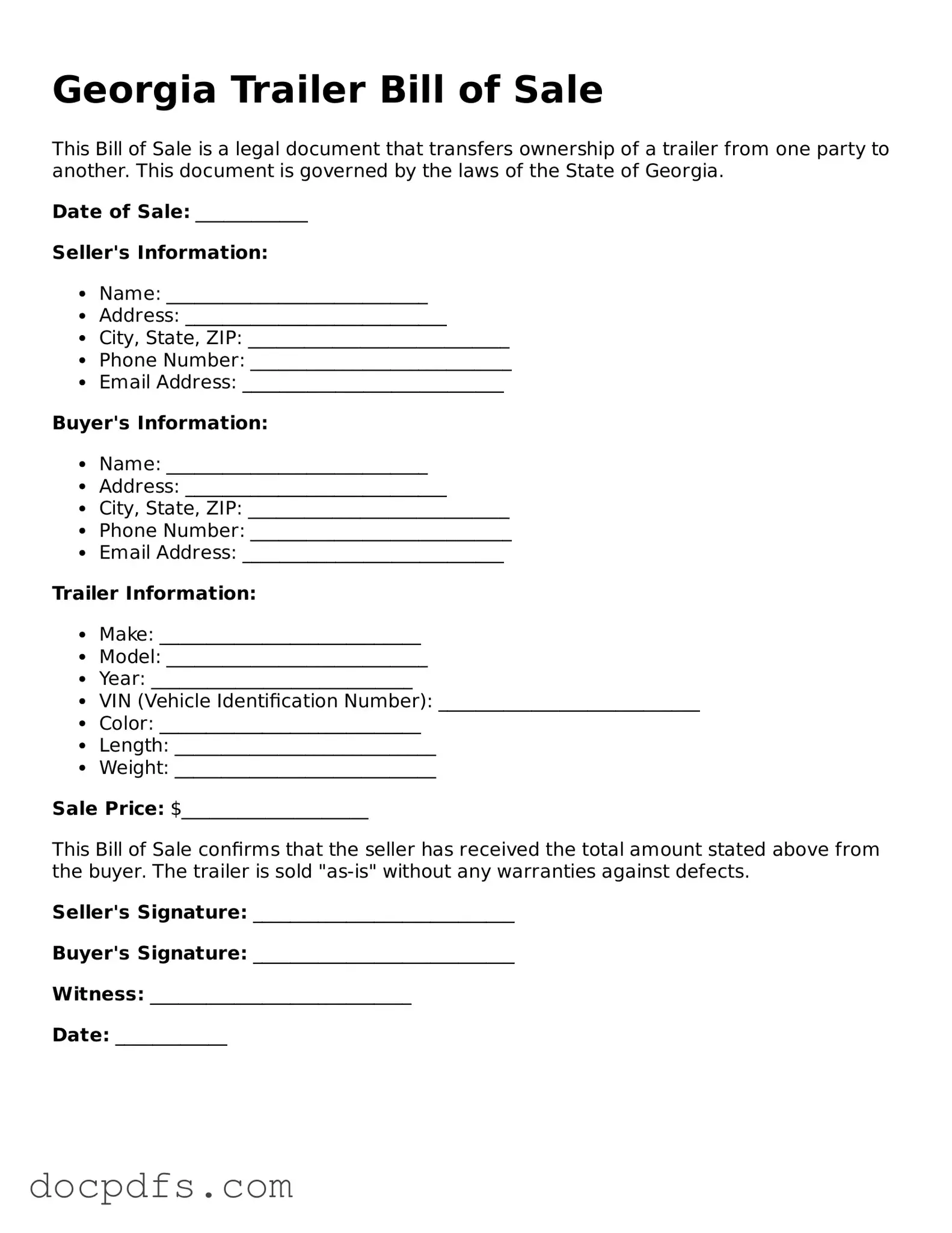 Free Georgia Trailer Bill of Sale Form