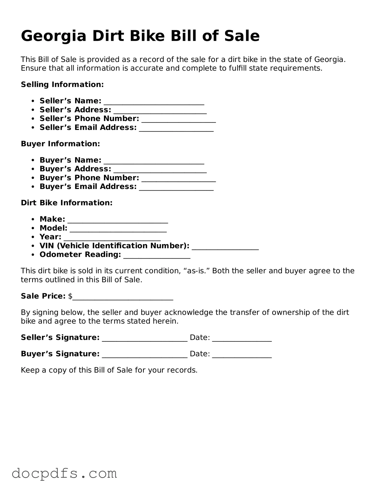 Free Georgia Dirt Bike Bill of Sale Form