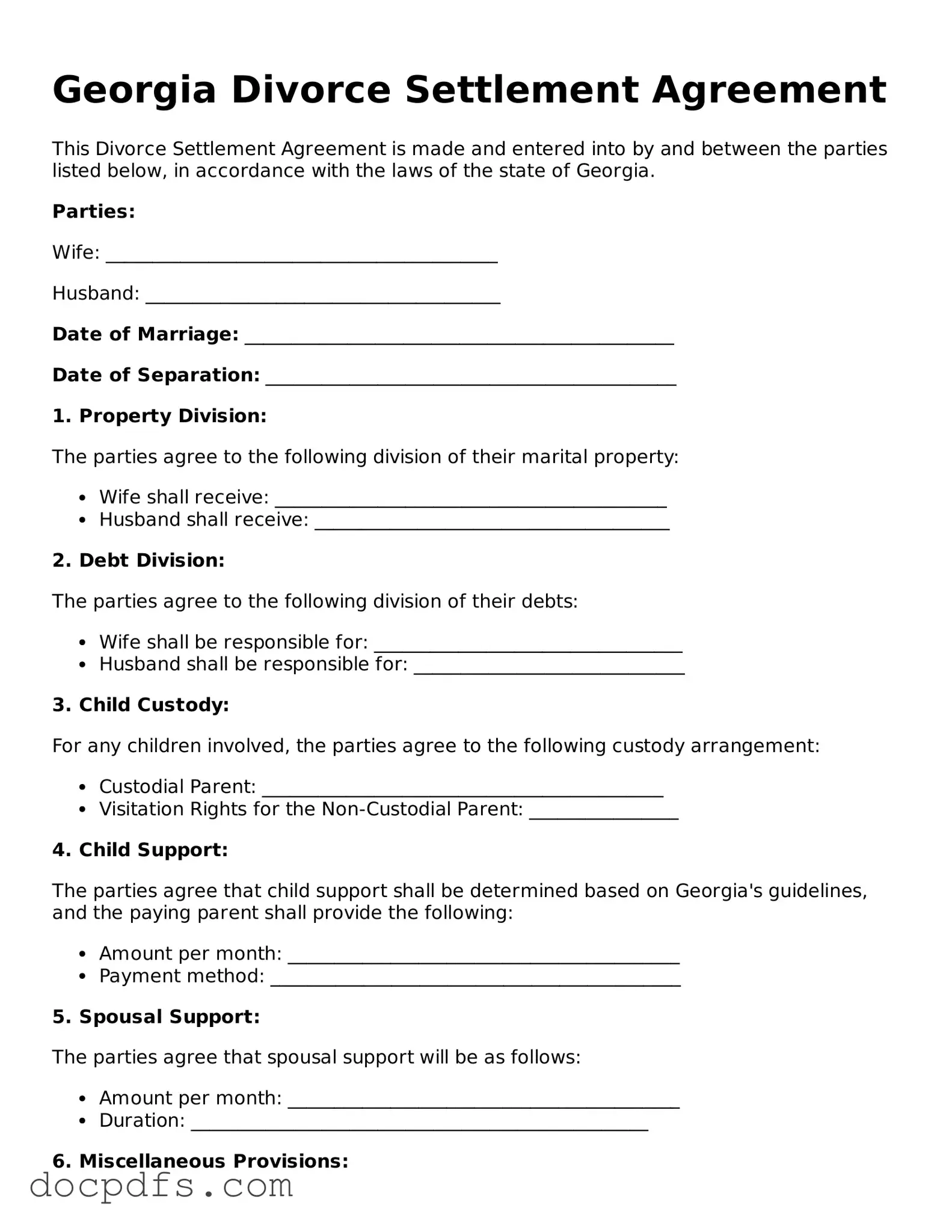 Free Georgia Divorce Settlement Agreement Form