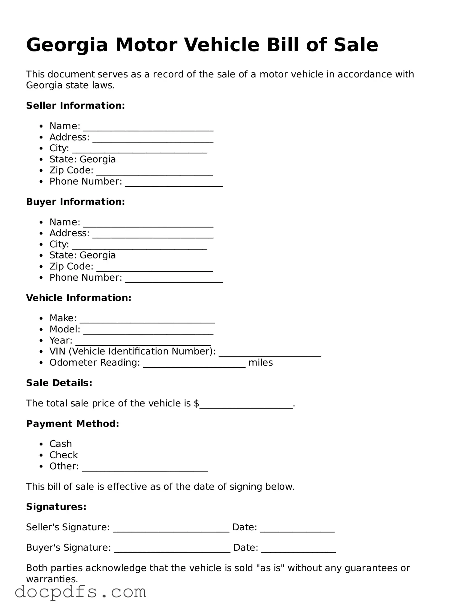 Free Georgia Motor Vehicle Bill of Sale Form