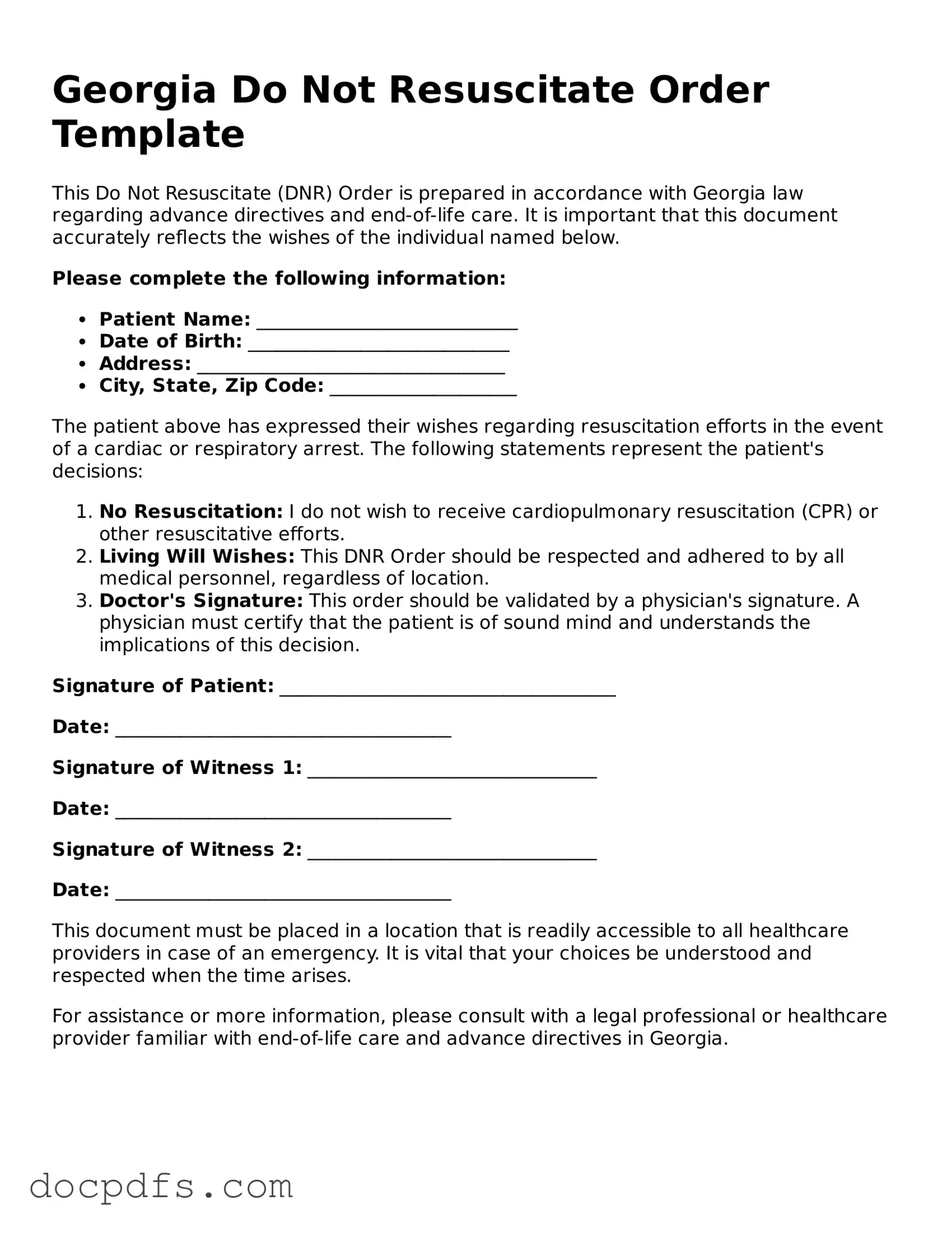 Free Georgia Do Not Resuscitate Order Form