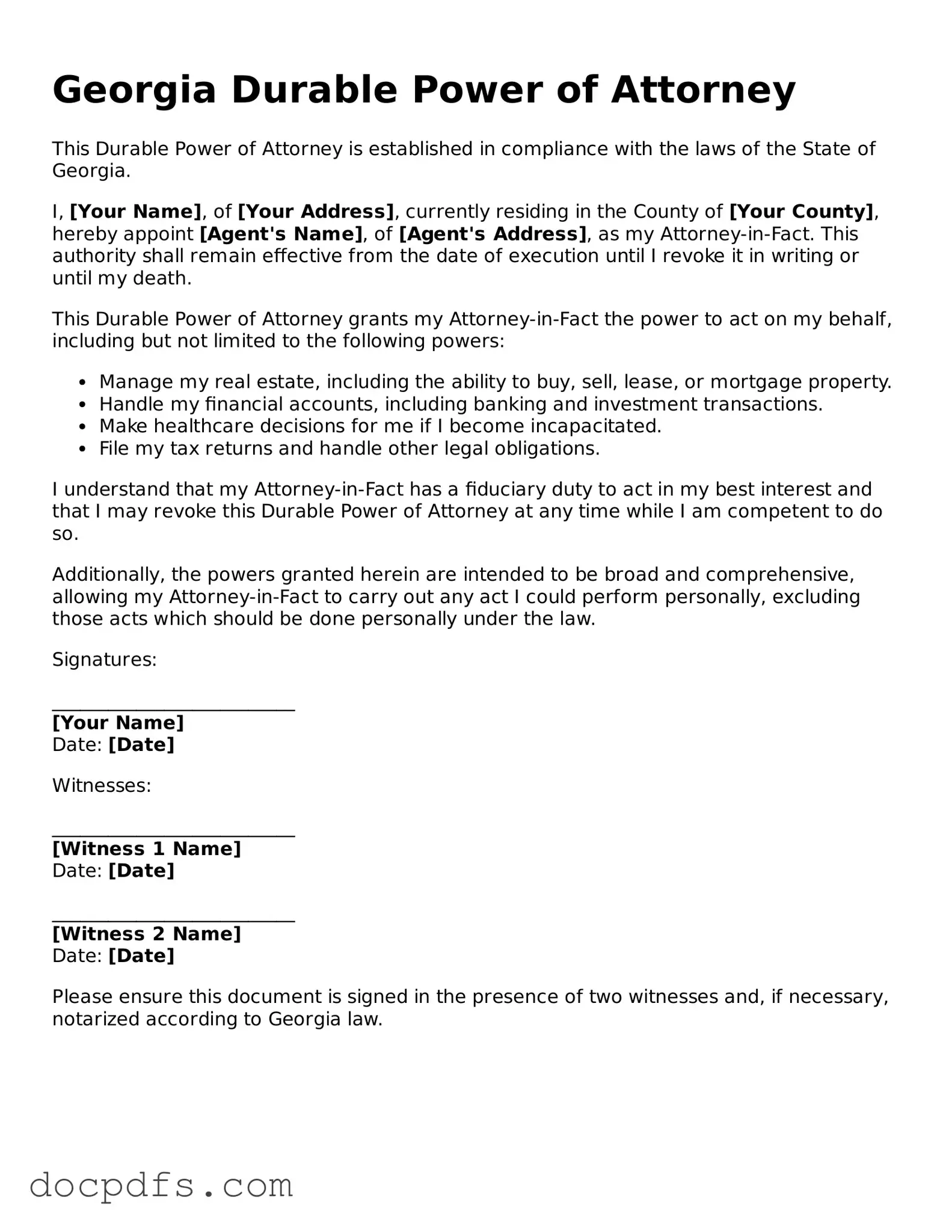 Free Georgia Durable Power of Attorney Form