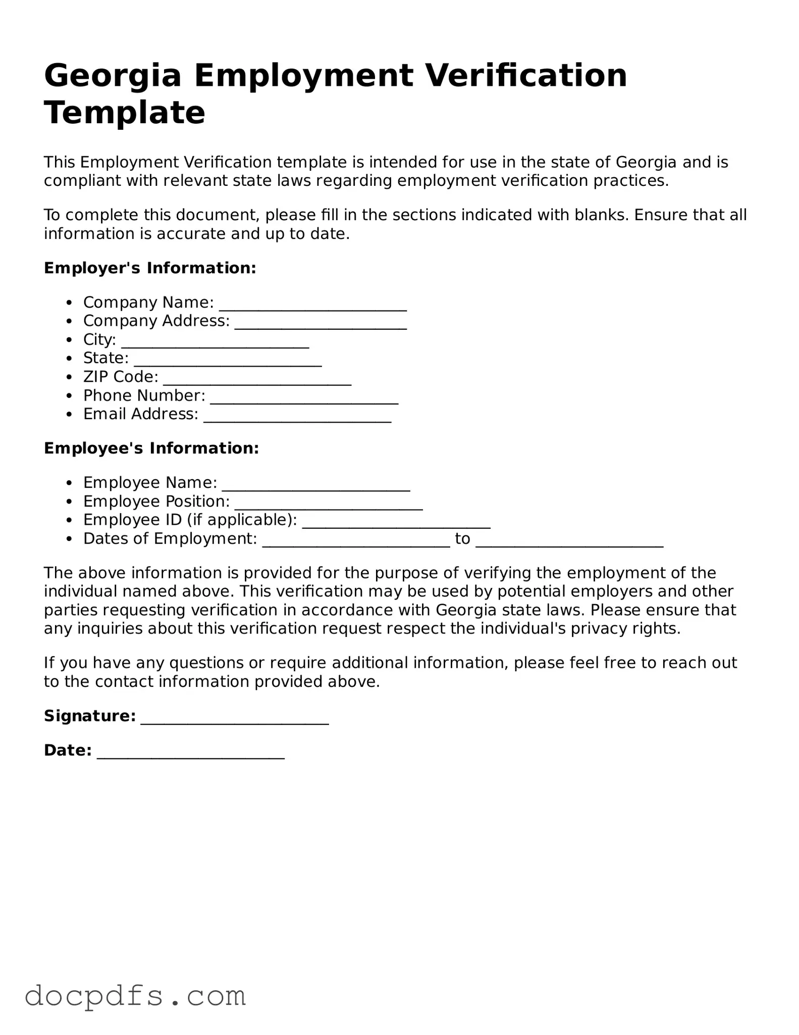 Free Georgia Employment Verification Form