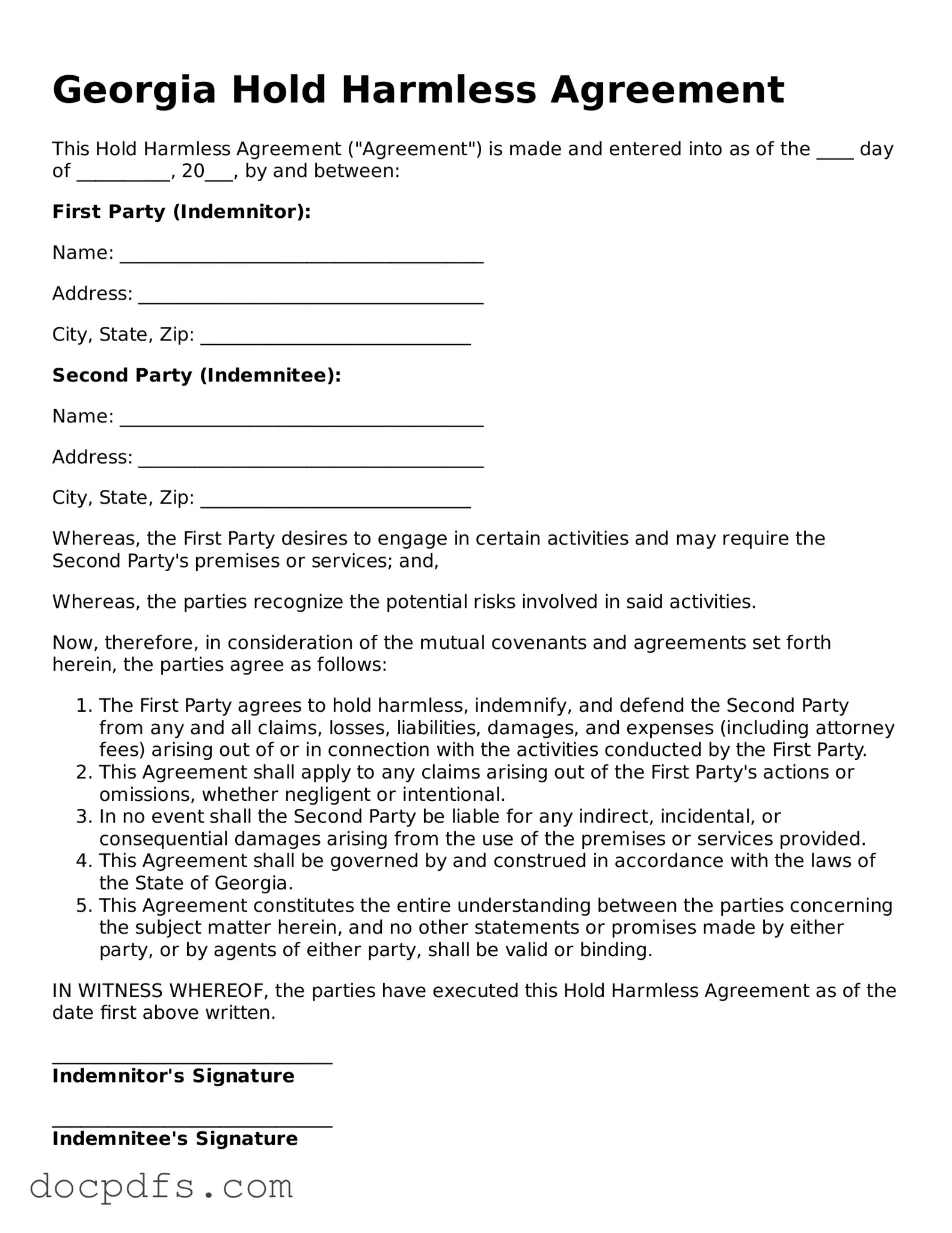 Free Georgia Hold Harmless Agreement Form