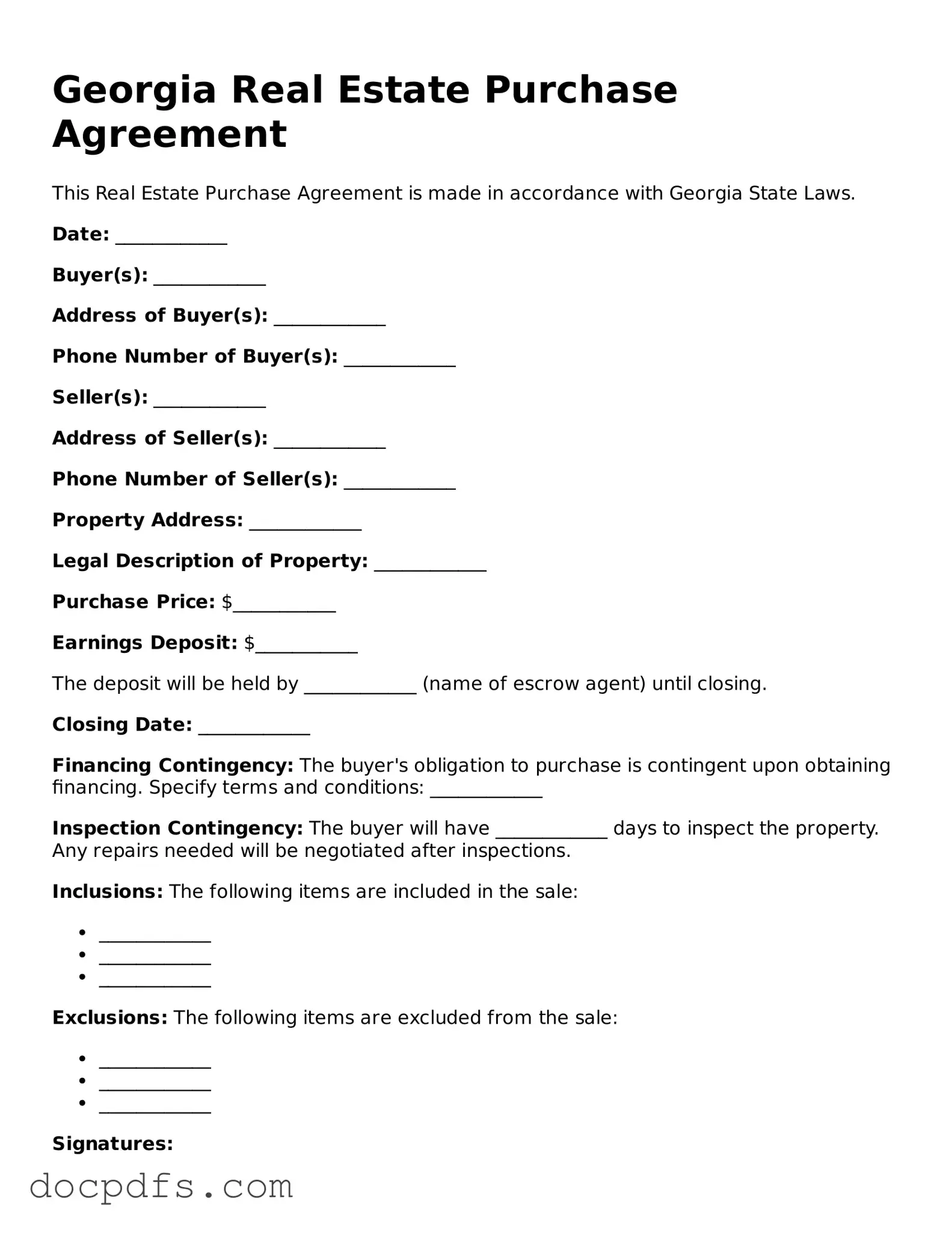 Free Georgia Real Estate Purchase Agreement Form