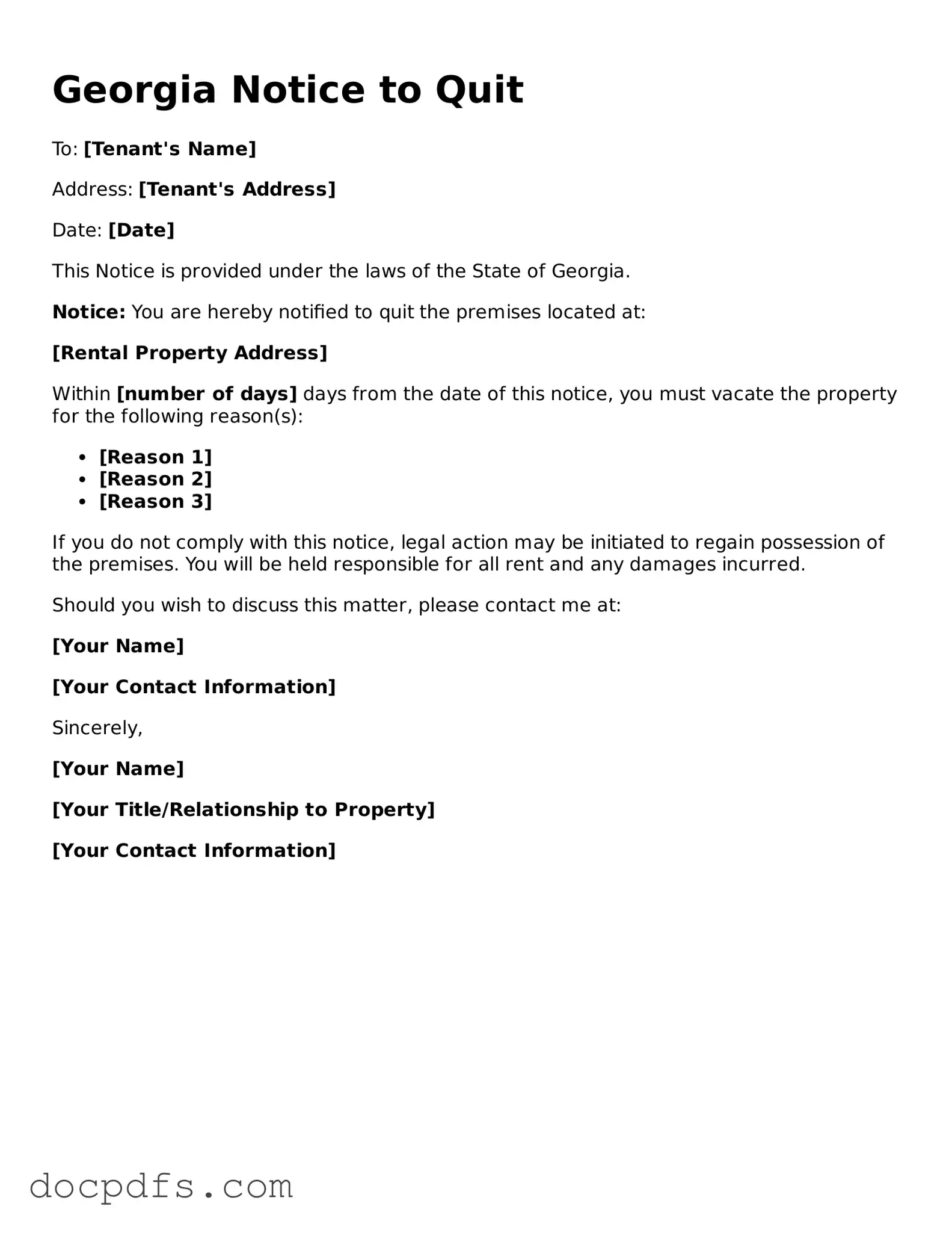 Free Georgia Notice to Quit Form