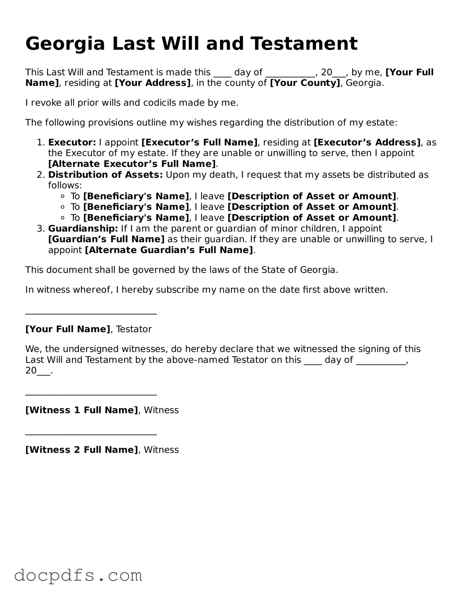 Free Georgia Last Will and Testament Form