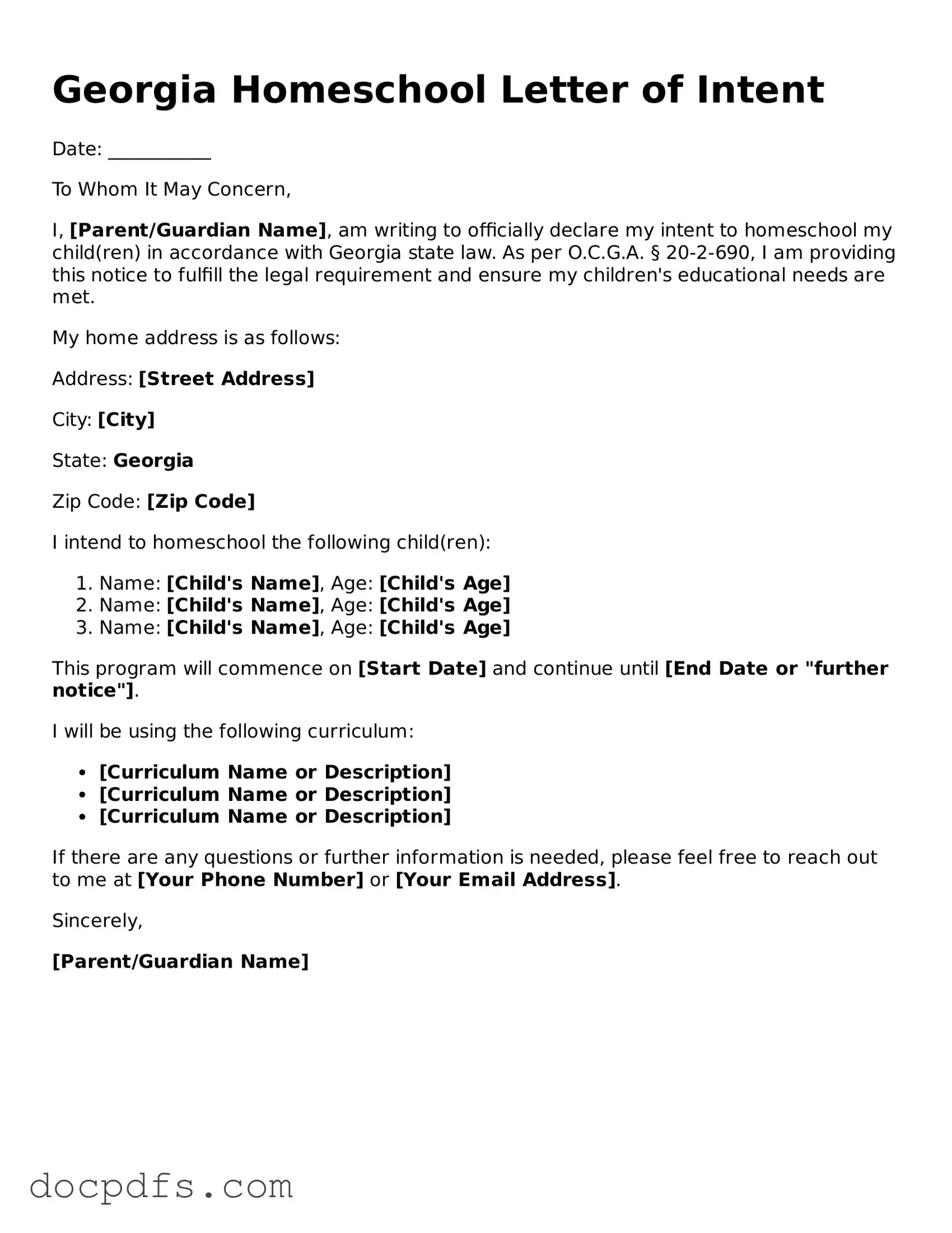 Free Georgia Homeschool Letter of Intent Form