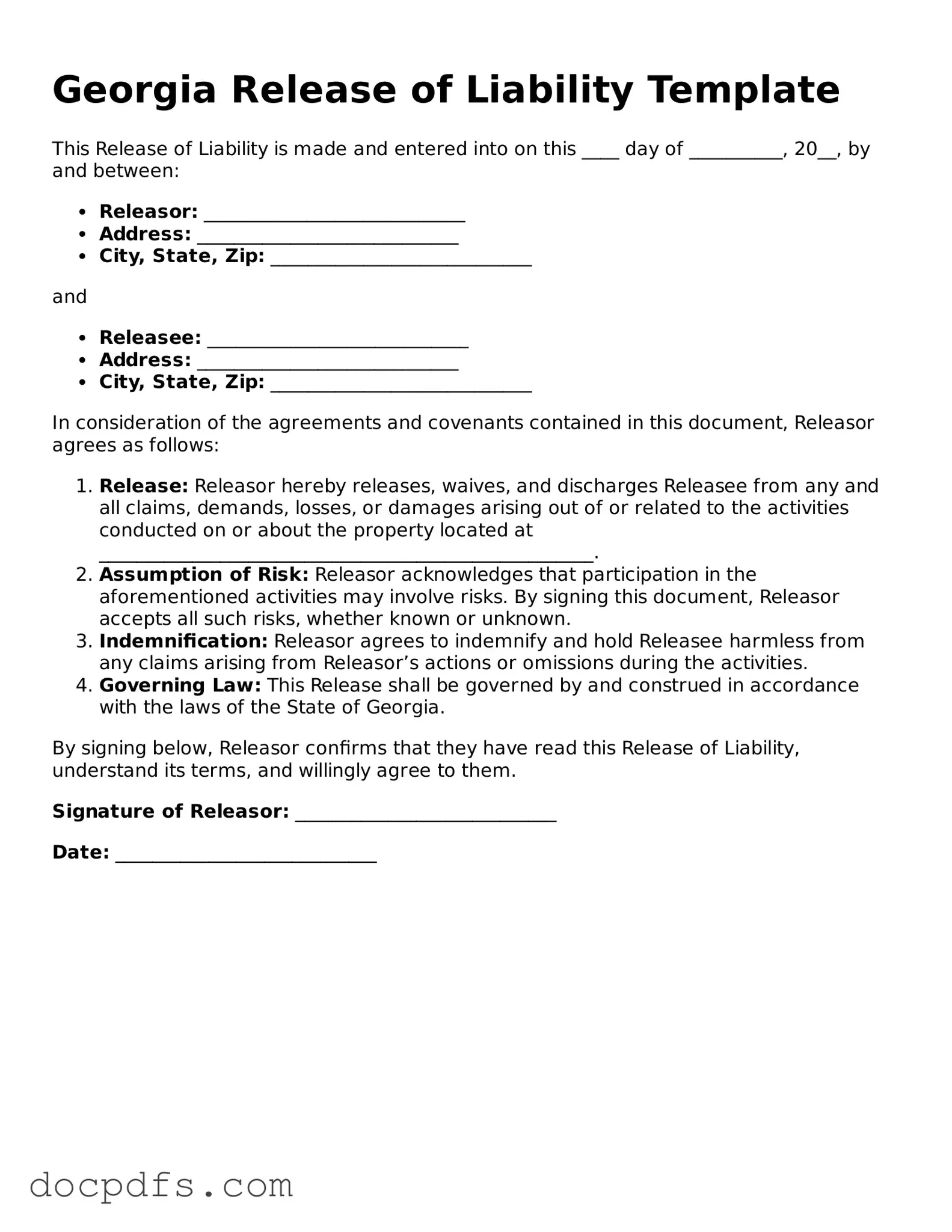 Free Georgia Release of Liability Form