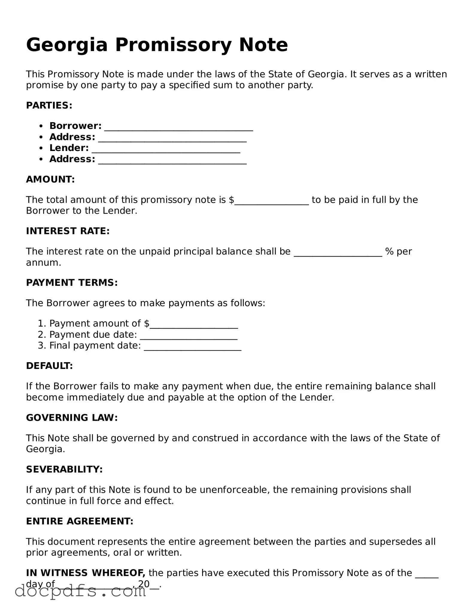 Free Georgia Promissory Note Form