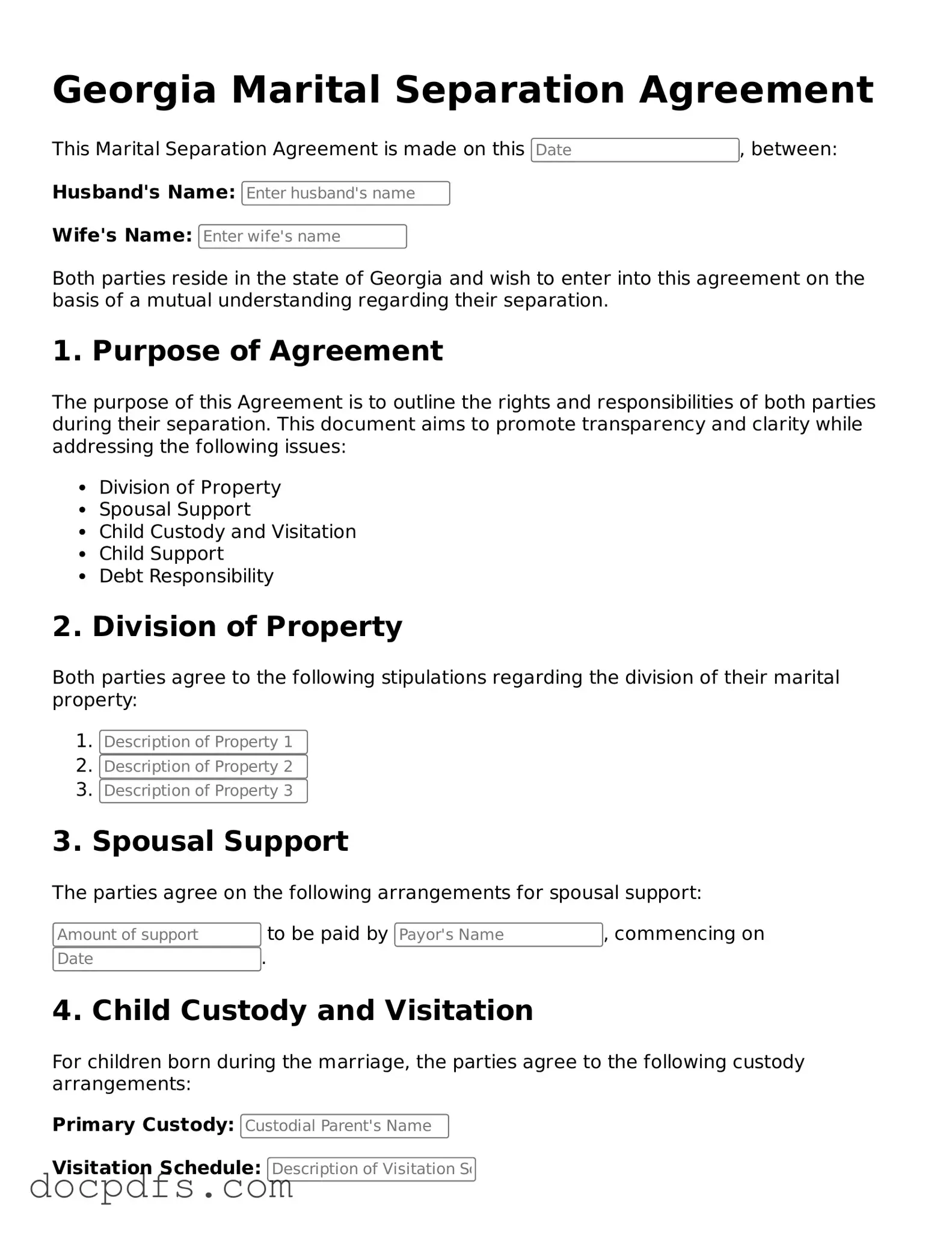 Free Georgia Marital Separation Agreement Form