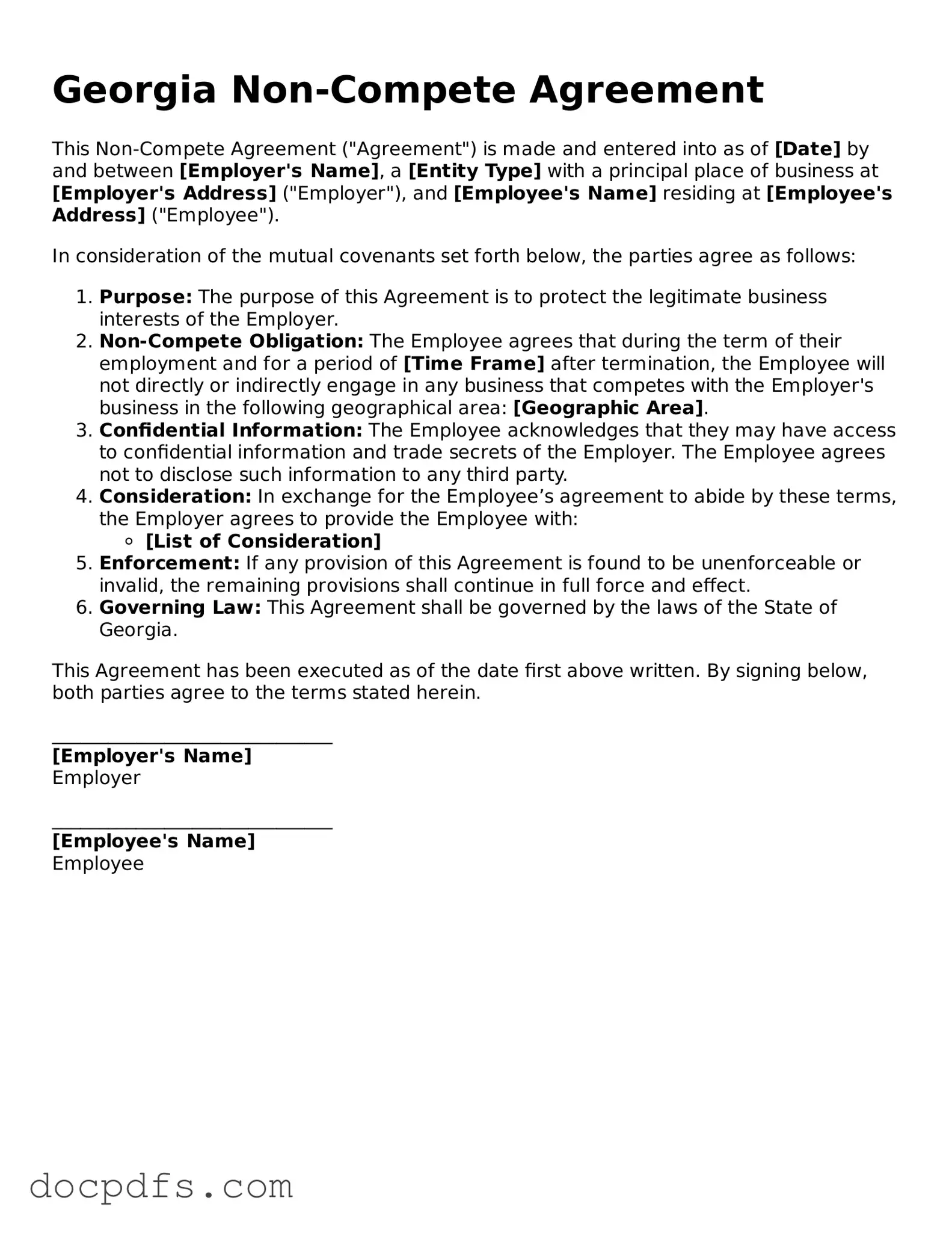 Free Georgia Non-compete Agreement Form