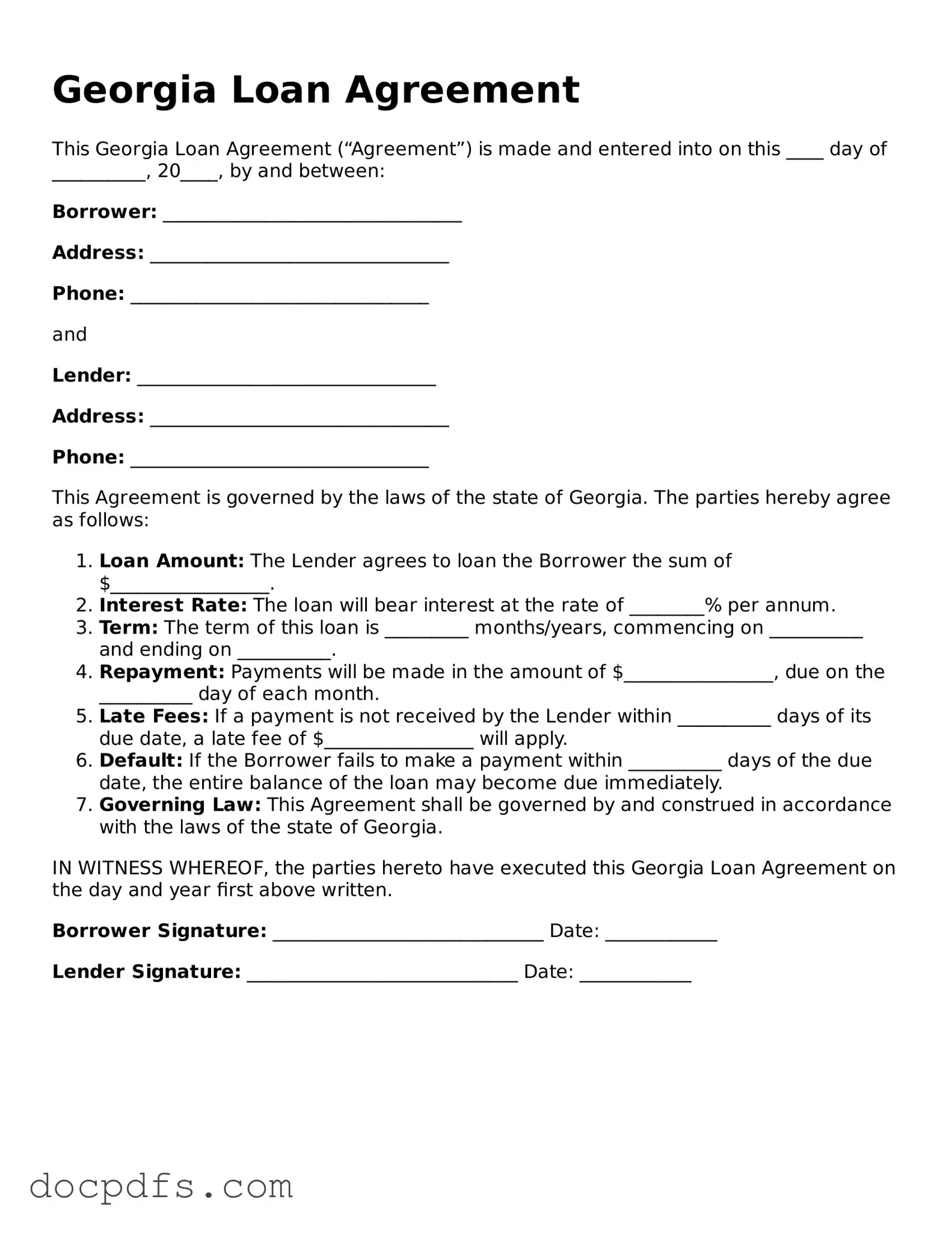 Free Georgia Loan Agreement Form