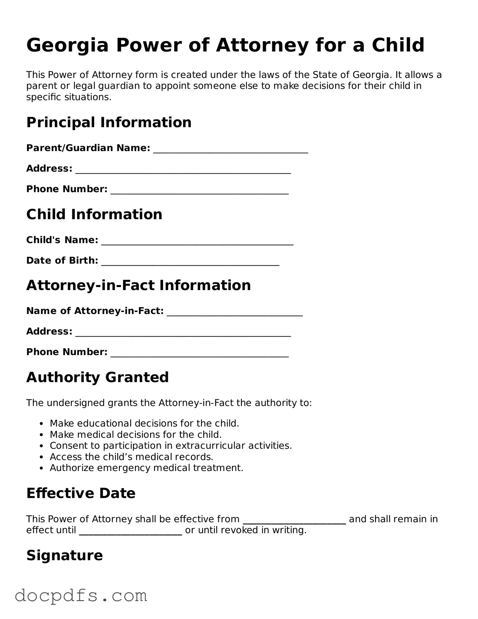 Free Georgia Power of Attorney for a Child Form