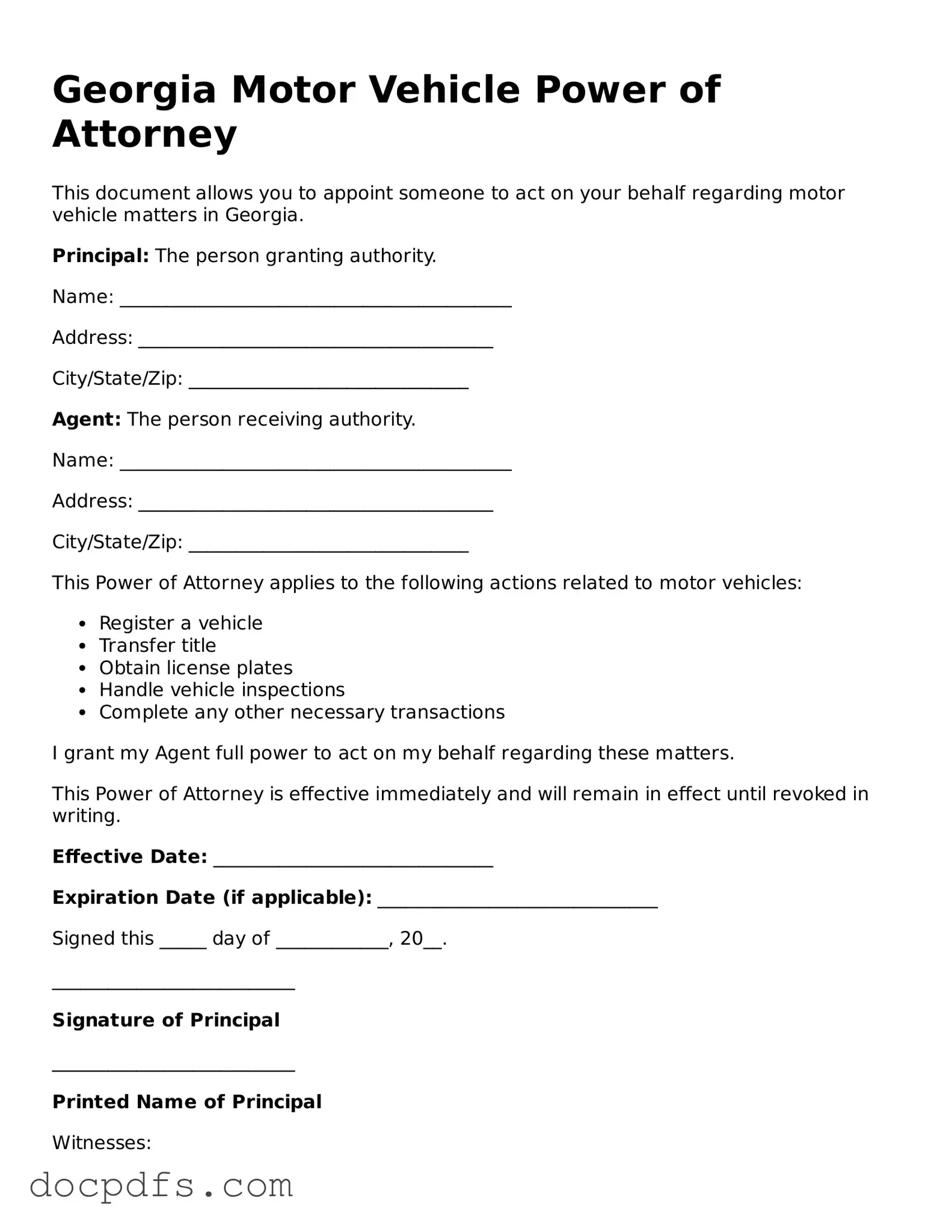 Free Georgia Motor Vehicle Power of Attorney Form