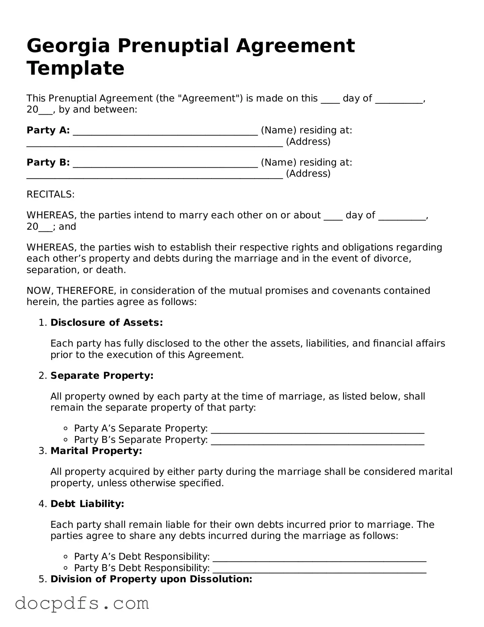 Free Georgia Prenuptial Agreement Form