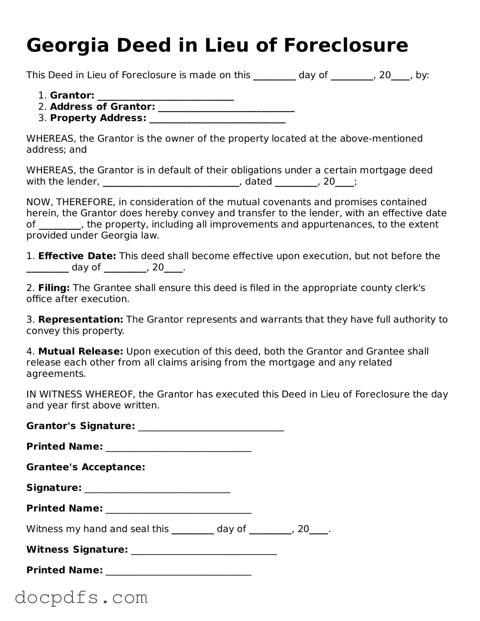 Free Georgia Deed in Lieu of Foreclosure Form