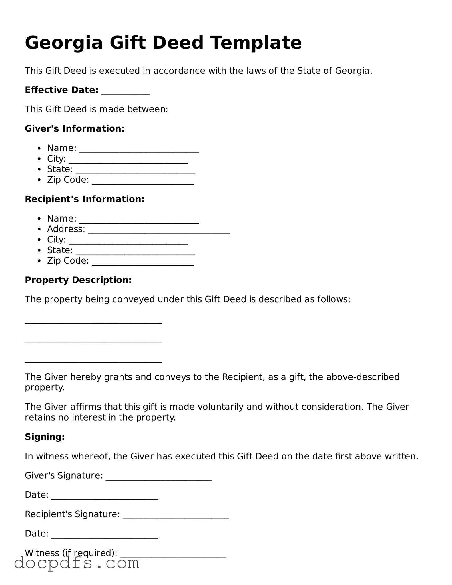 Free Georgia Gift Deed Form