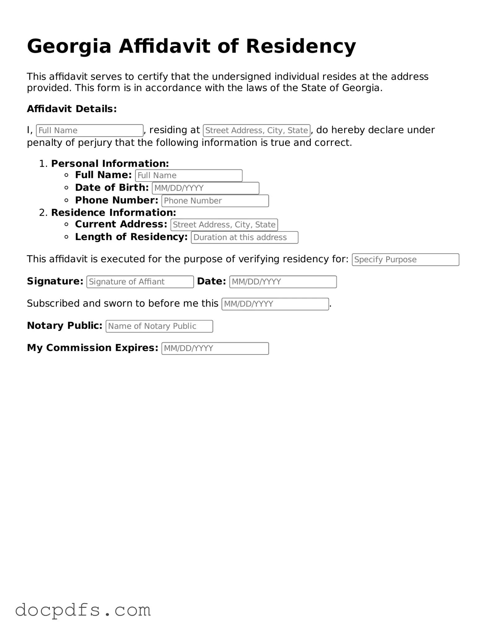 Free Georgia Affidavit of Residency Form