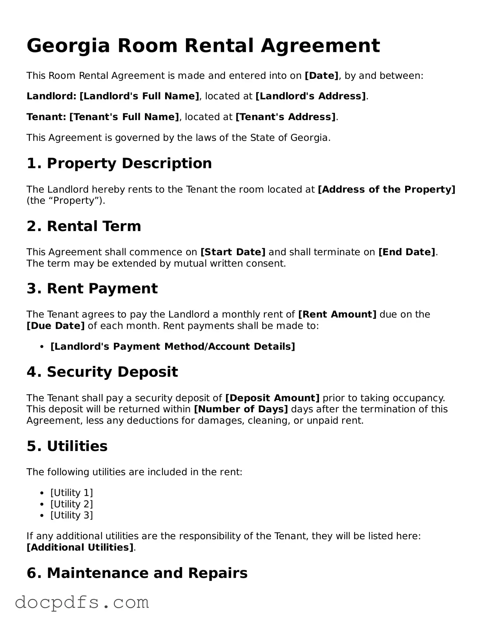 Free Georgia Room Rental Agreement Form